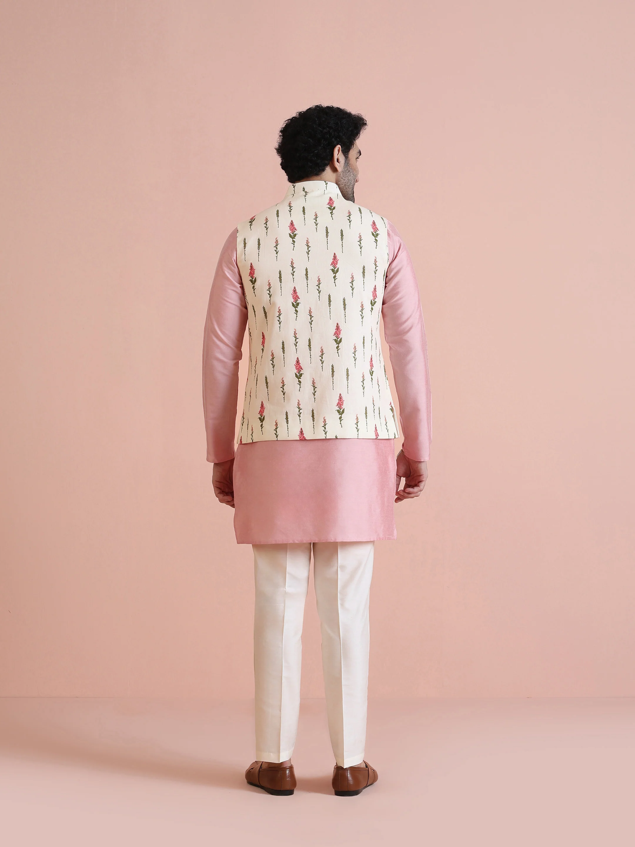 Ivory Floral Printed Silk Blend Nehru Jacket - Image 5