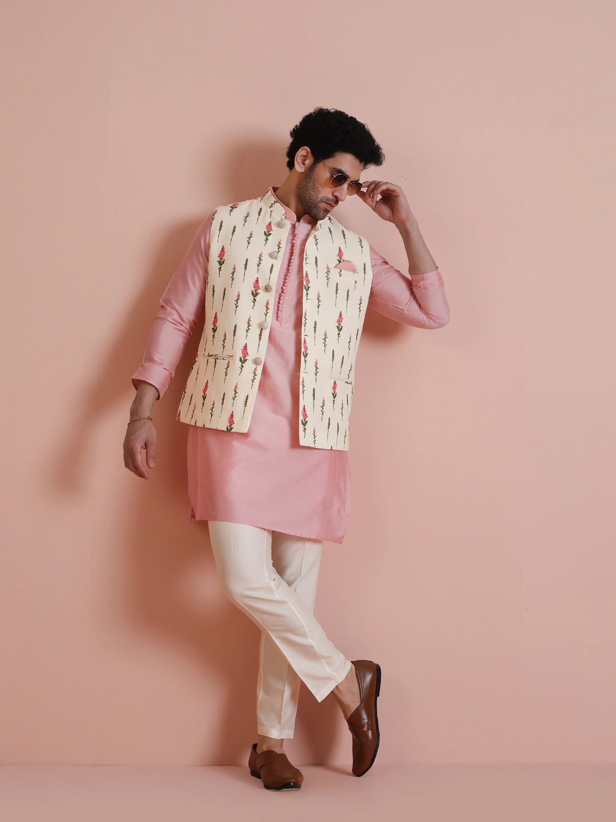 Ivory Floral Printed Silk Blend Nehru Jacket - Image 7