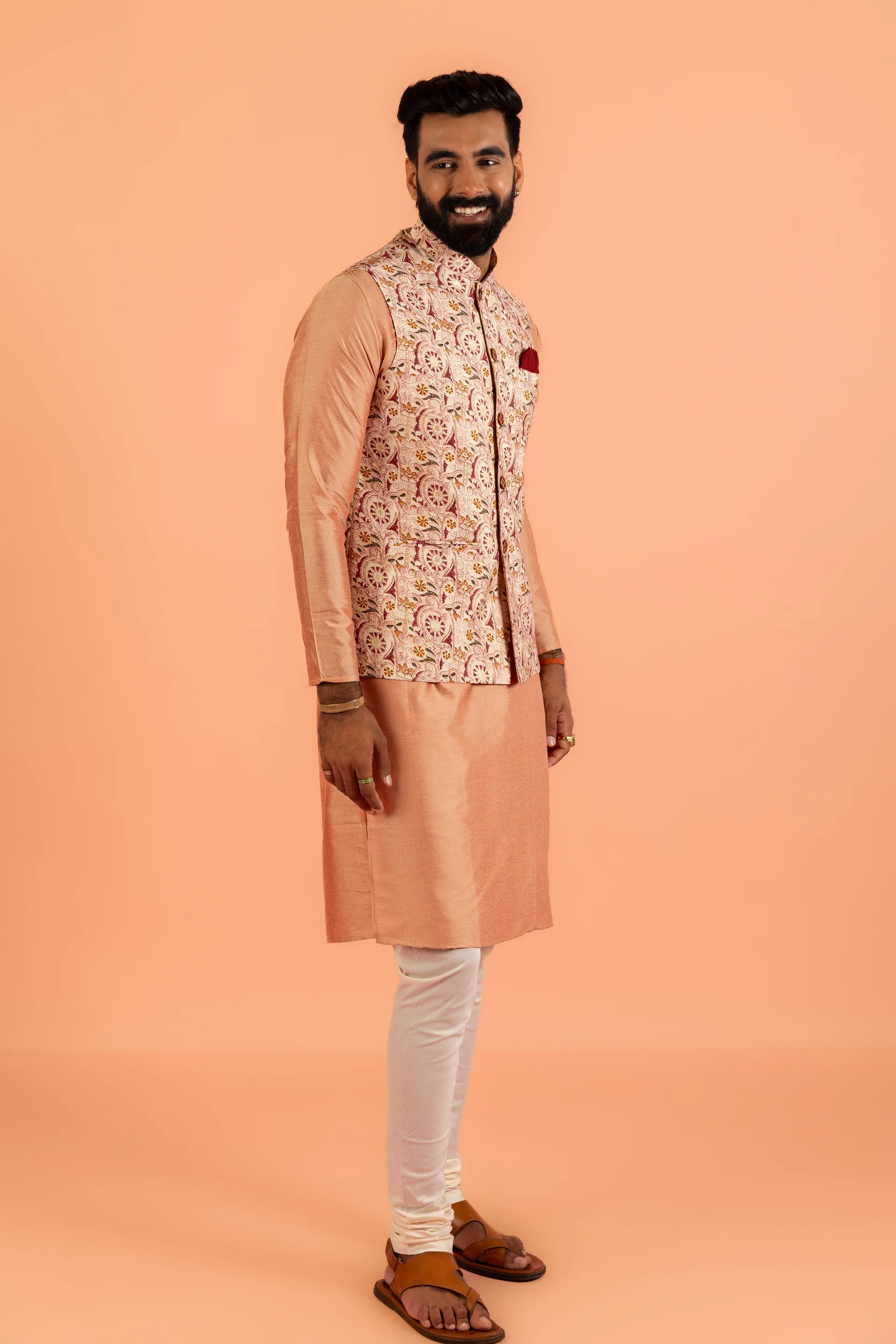 Peach Silk Blend Jacquard Nehru Jacket with Maroon - Image 3
