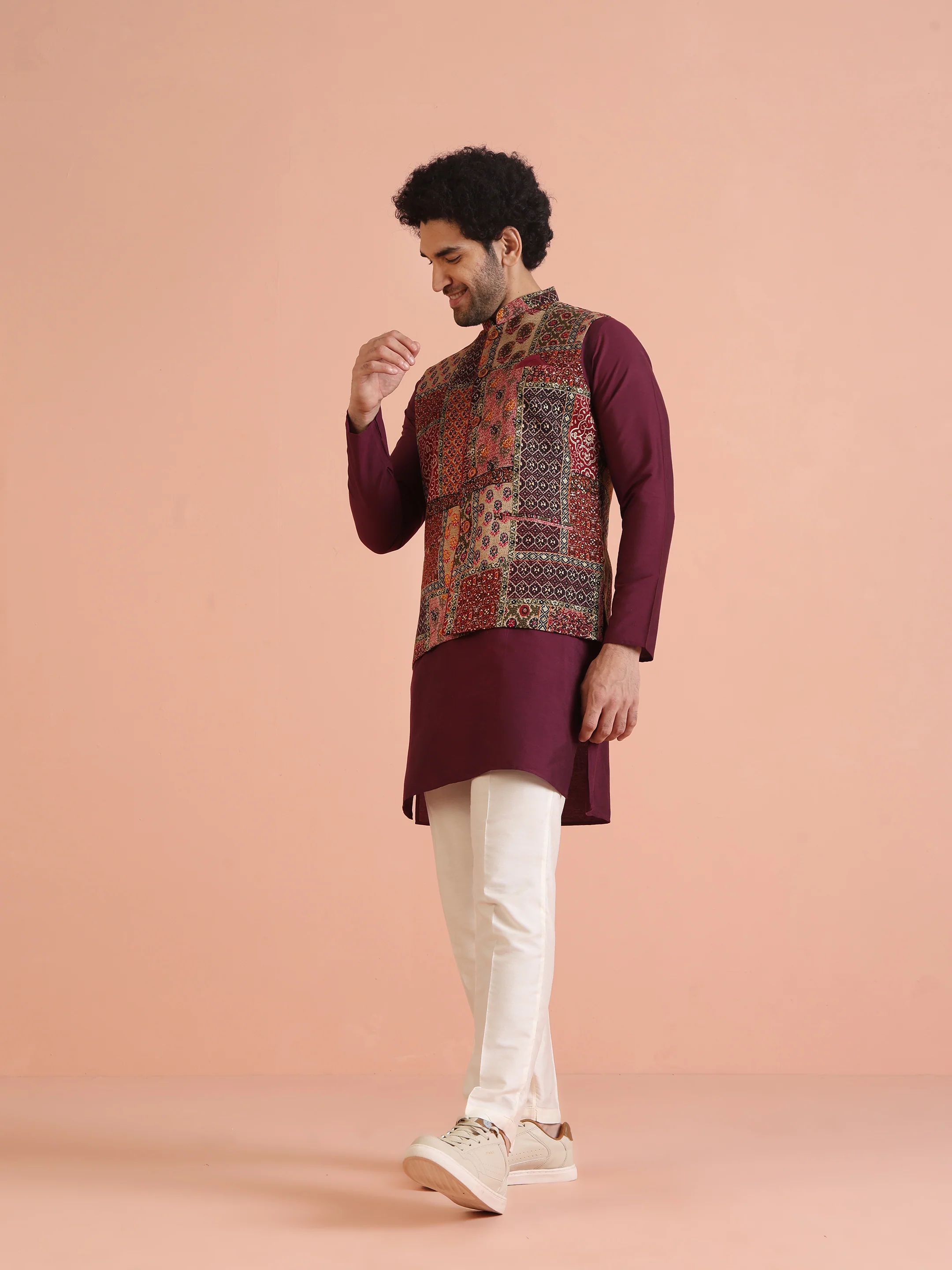Maroon Multicolor Patchwork Printed Silk Blend Nehru Jacket - Image 4