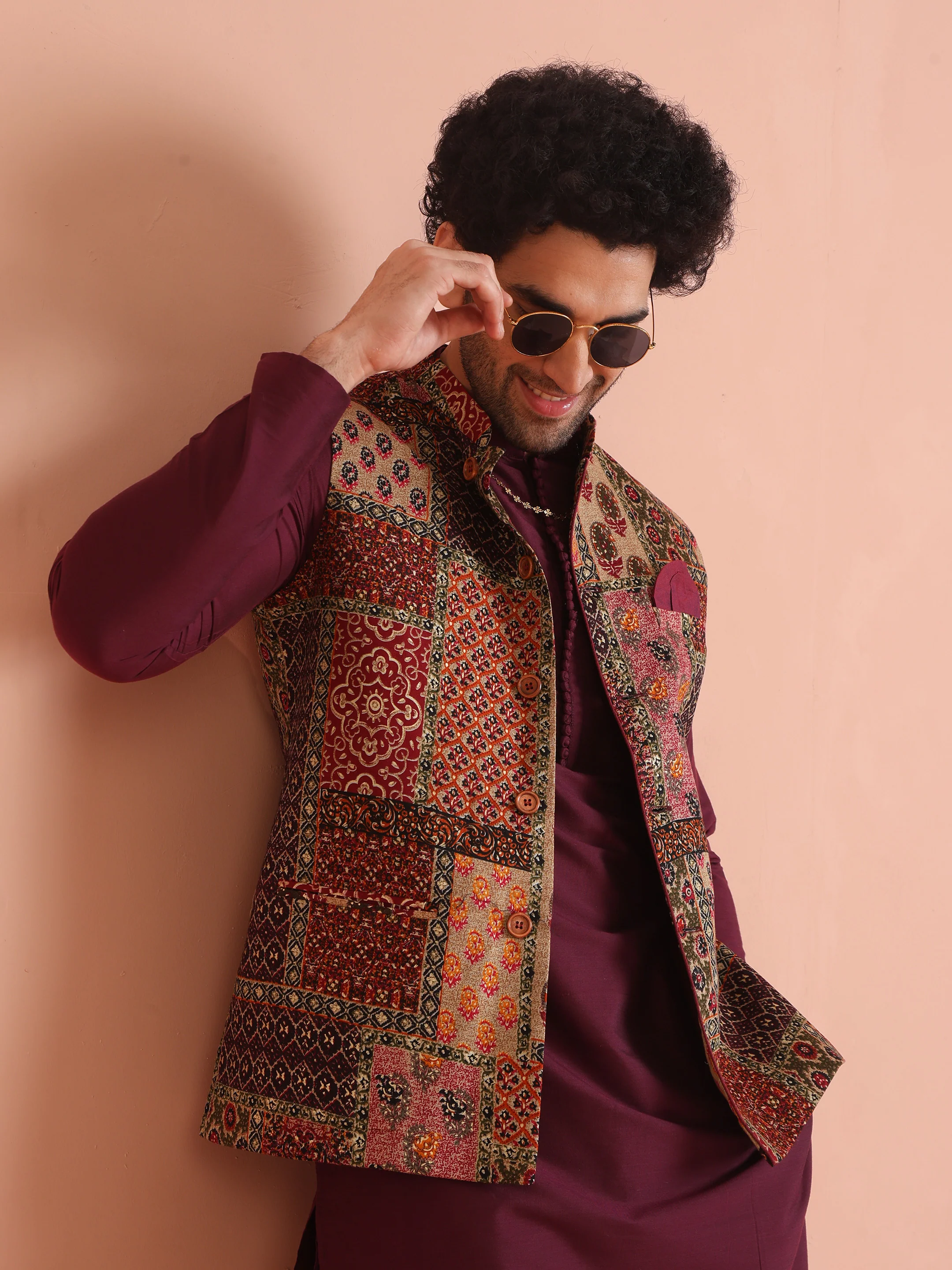 Maroon Multicolor Patchwork Printed Silk Blend Nehru Jacket - Image 9