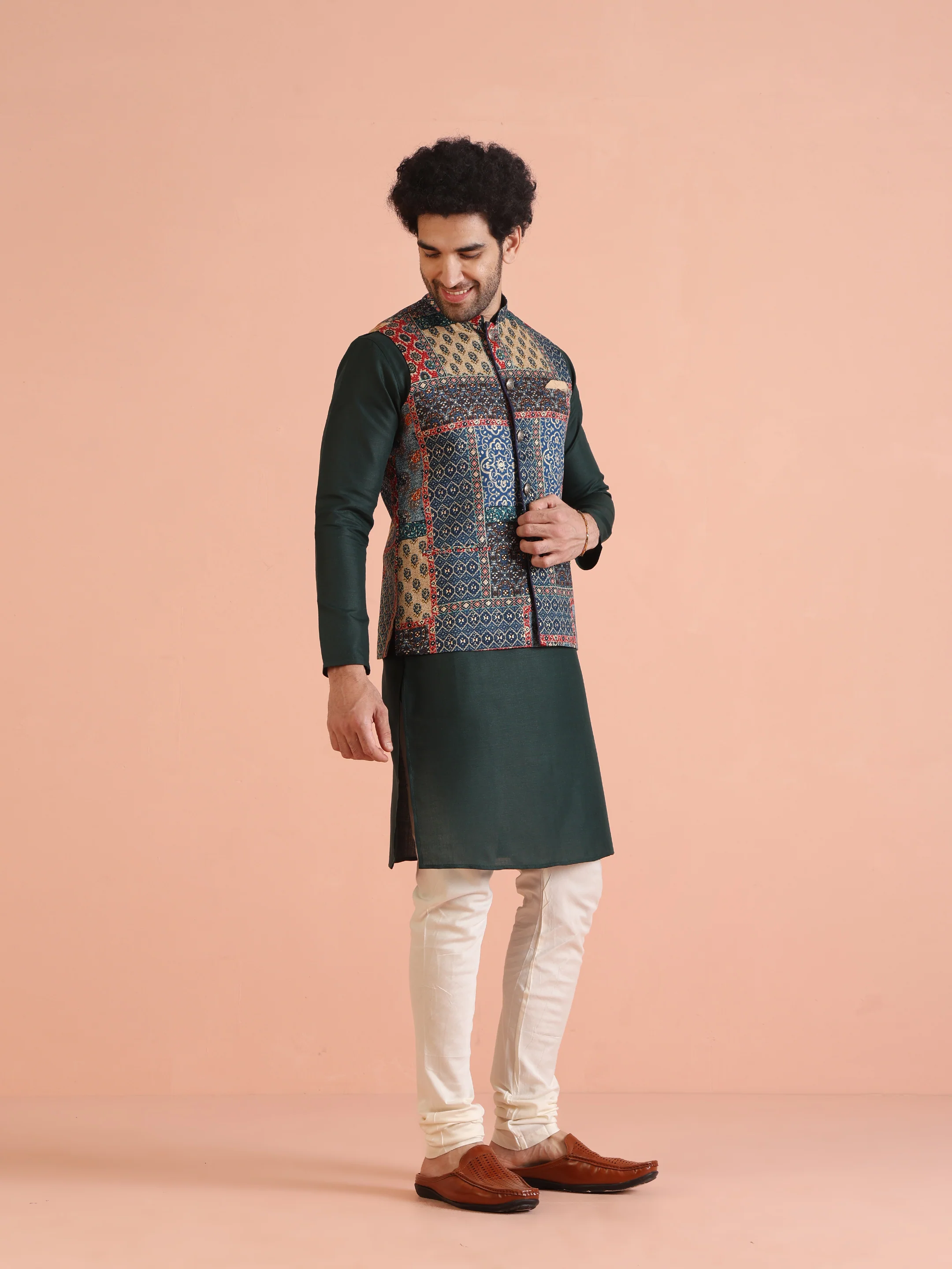 Multicolor Patchwork Printed Silk Blend Nehru Jacket with Mandarin Collar - Image 3