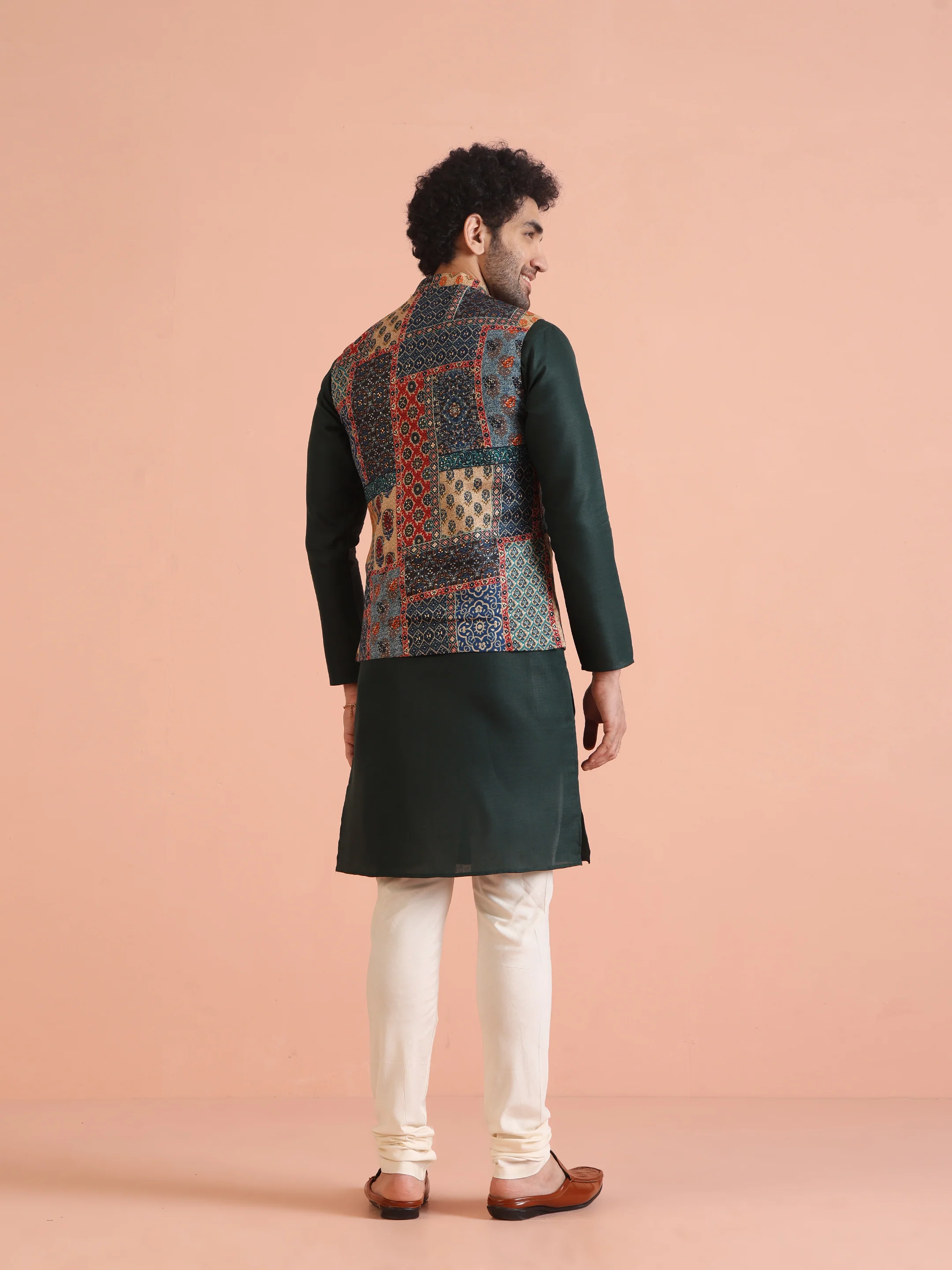 Multicolor Patchwork Printed Silk Blend Nehru Jacket with Mandarin Collar - Image 5