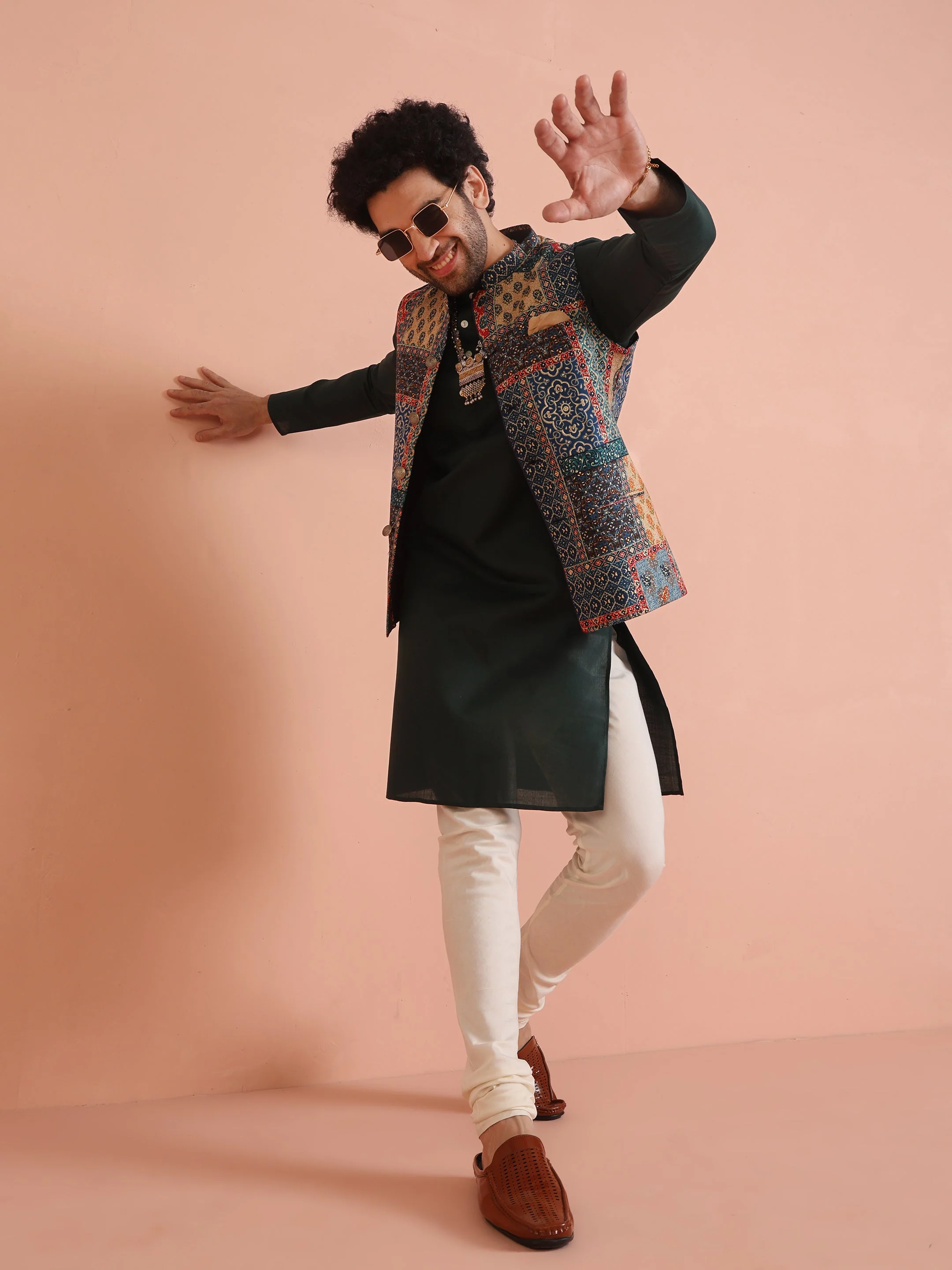 Multicolor Patchwork Printed Silk Blend Nehru Jacket with Mandarin Collar - Image 8