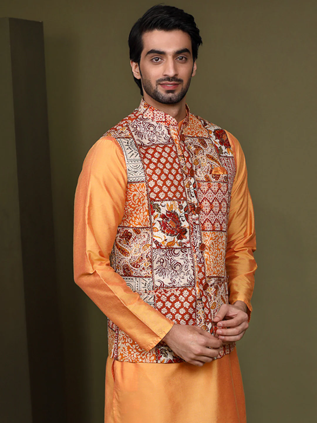 Men Multi Colour Printed Nehru Jacket - Image 2