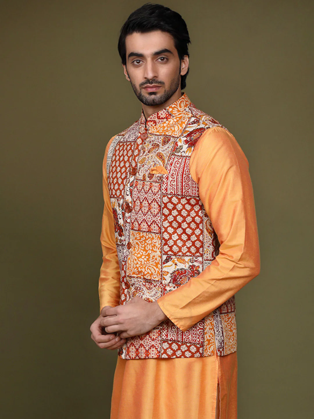 Men Multi Colour Printed Nehru Jacket - Image 3