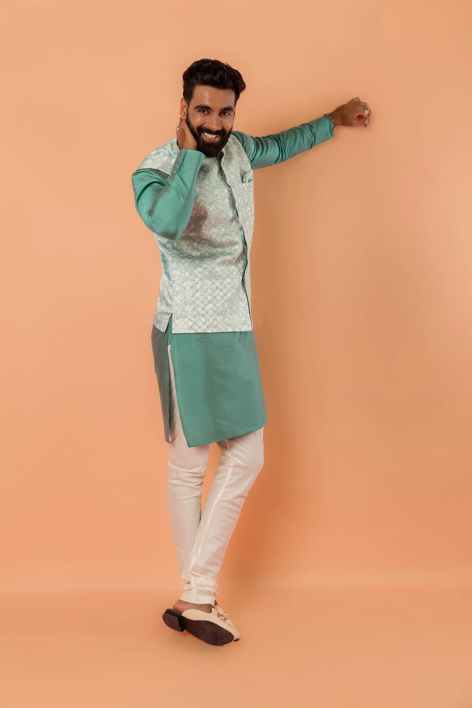 Mint Green Jacquard Nehru Jacket - Image 3