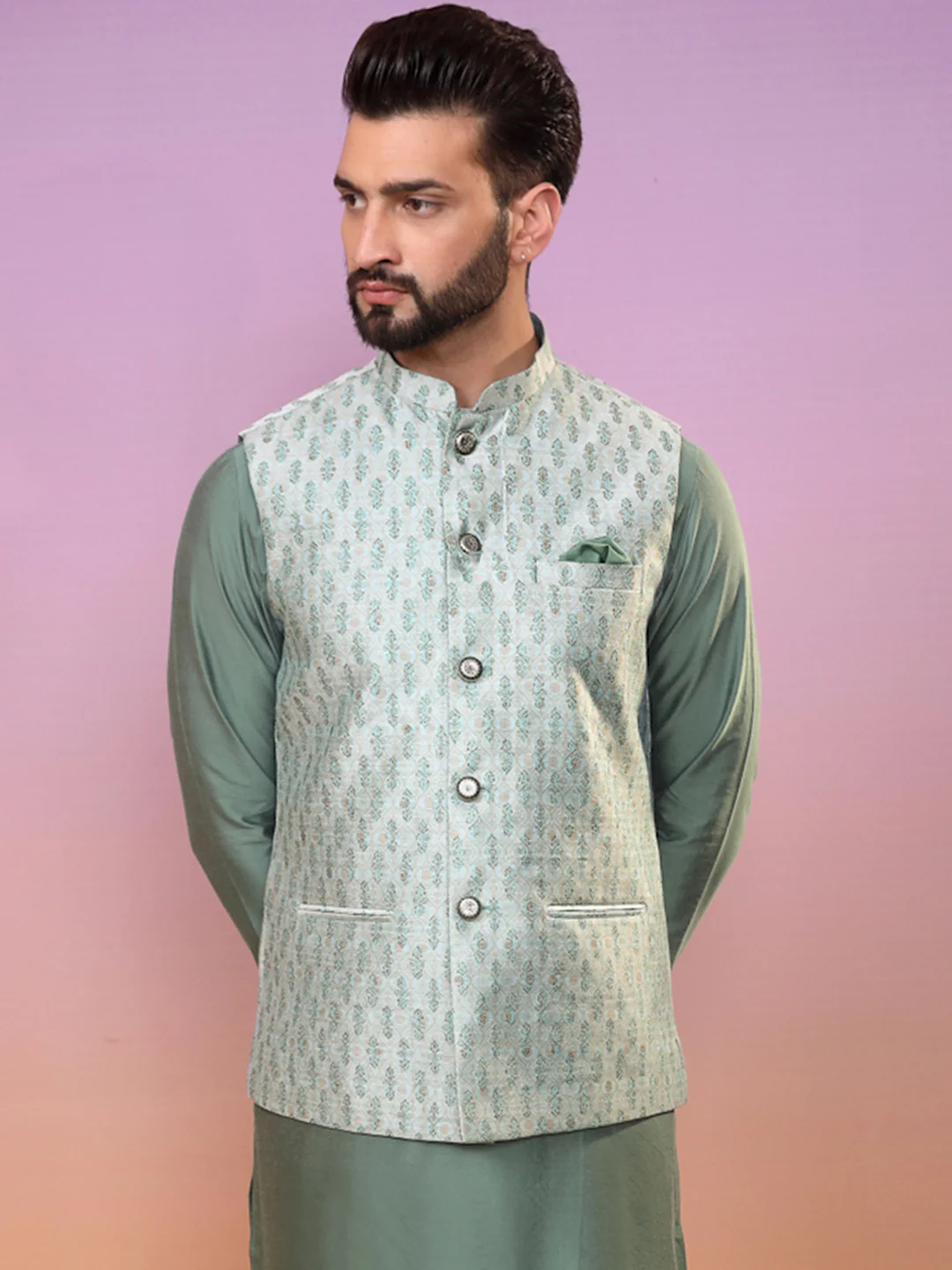 Men Green Printed Nehru Jacket