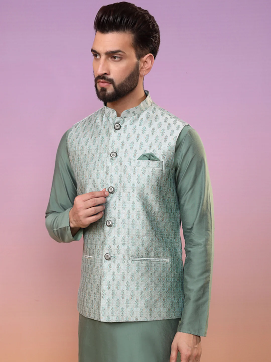 Men Green Printed Nehru Jacket - Image 3