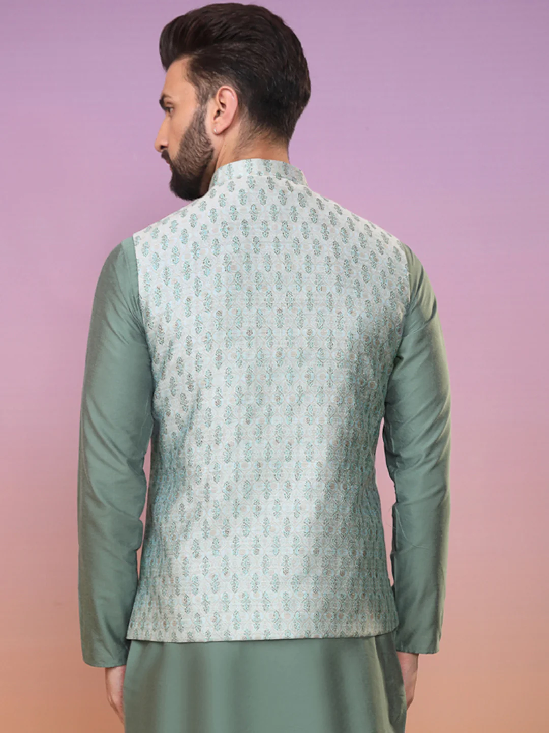 Men Green Printed Nehru Jacket - Image 4