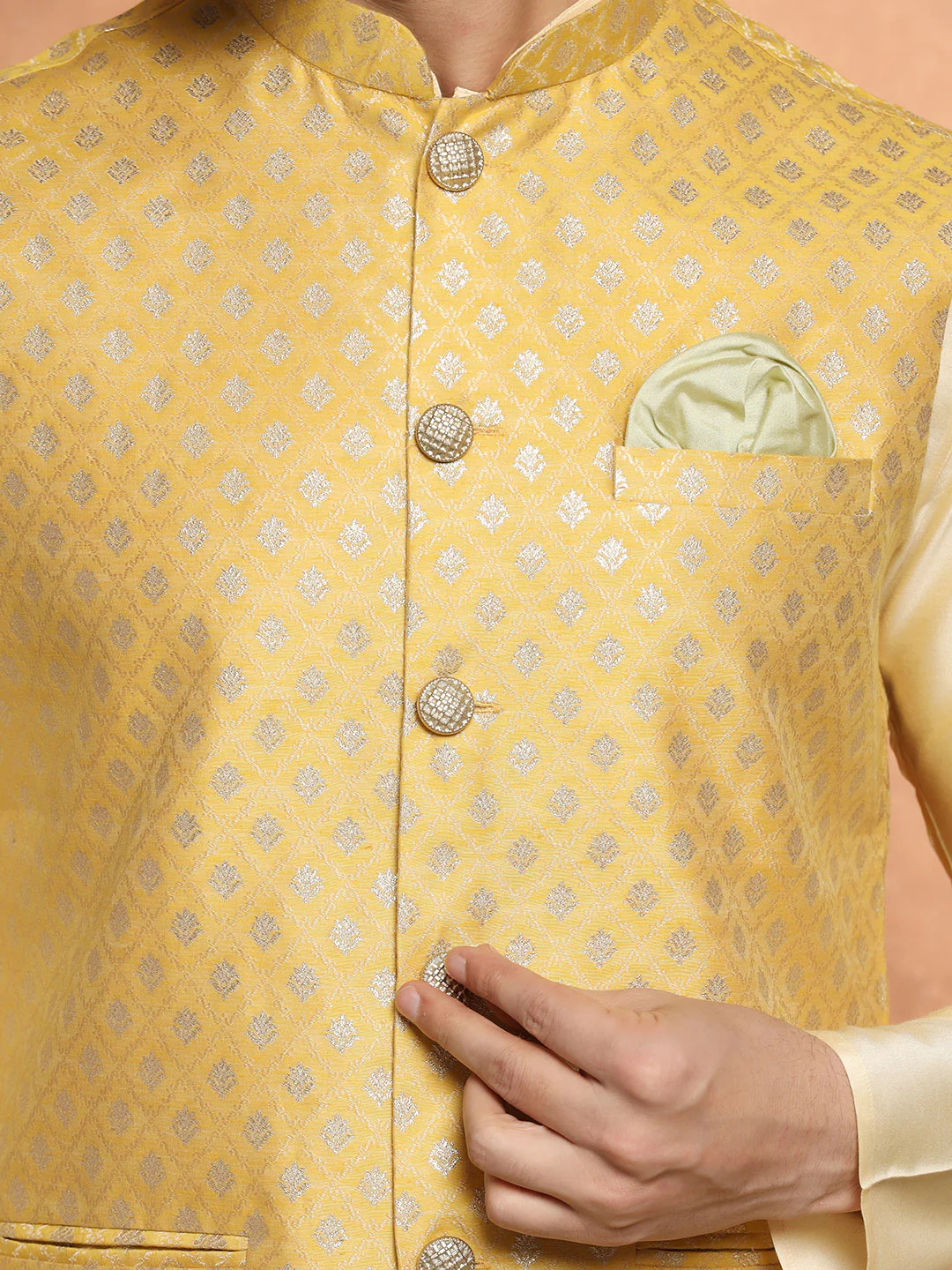 Golden Yellow Silk Blend Jacquard Nehru Jacket - Image 5