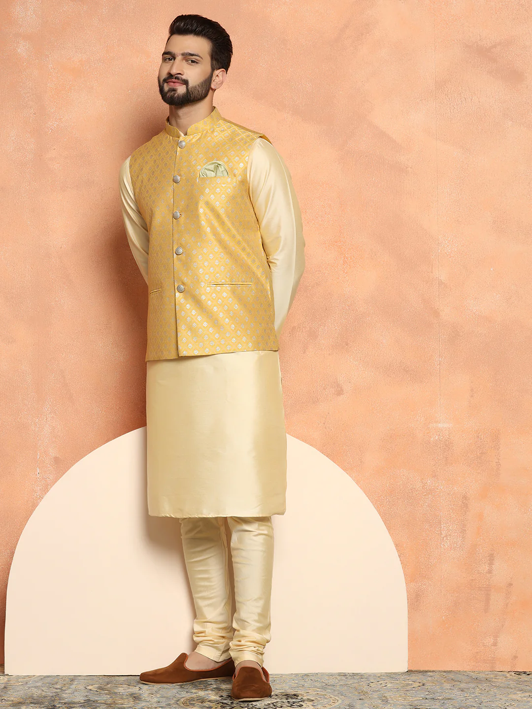 Golden Yellow Silk Blend Jacquard Nehru Jacket - Image 6