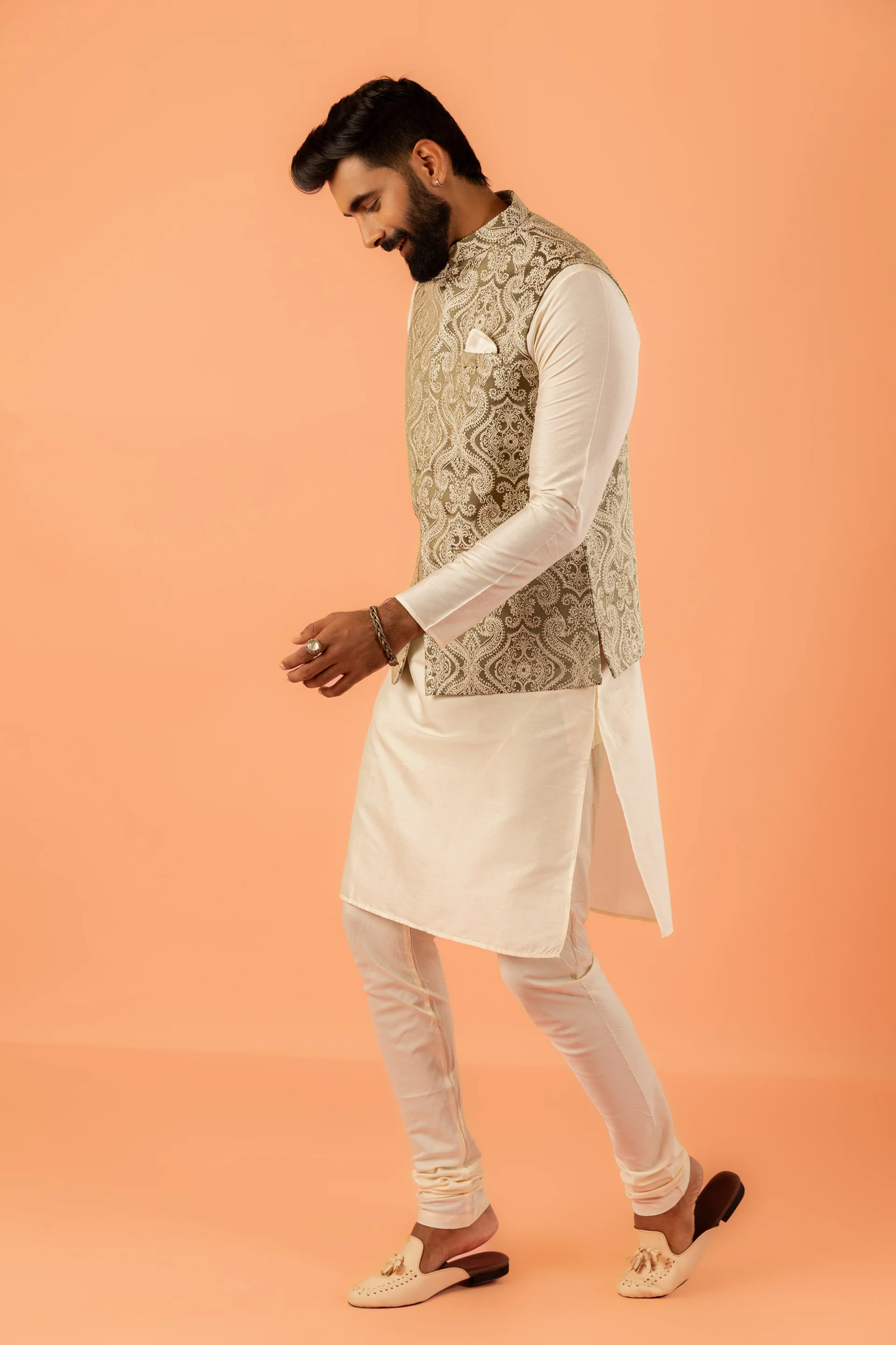 Beige Silk Embroidered Nehru Jacket Bundi - Image 2