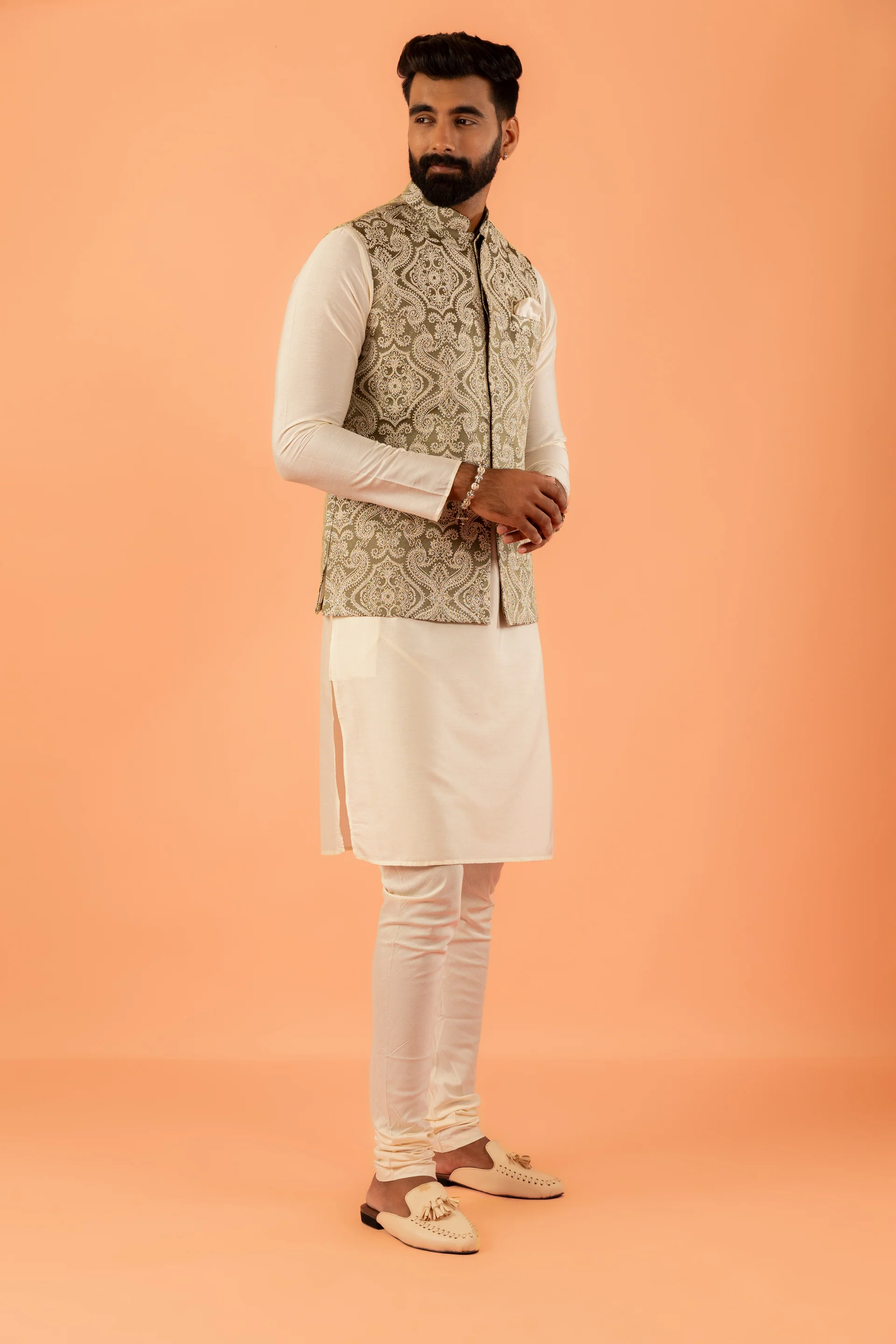 Beige Silk Embroidered Nehru Jacket Bundi - Image 3