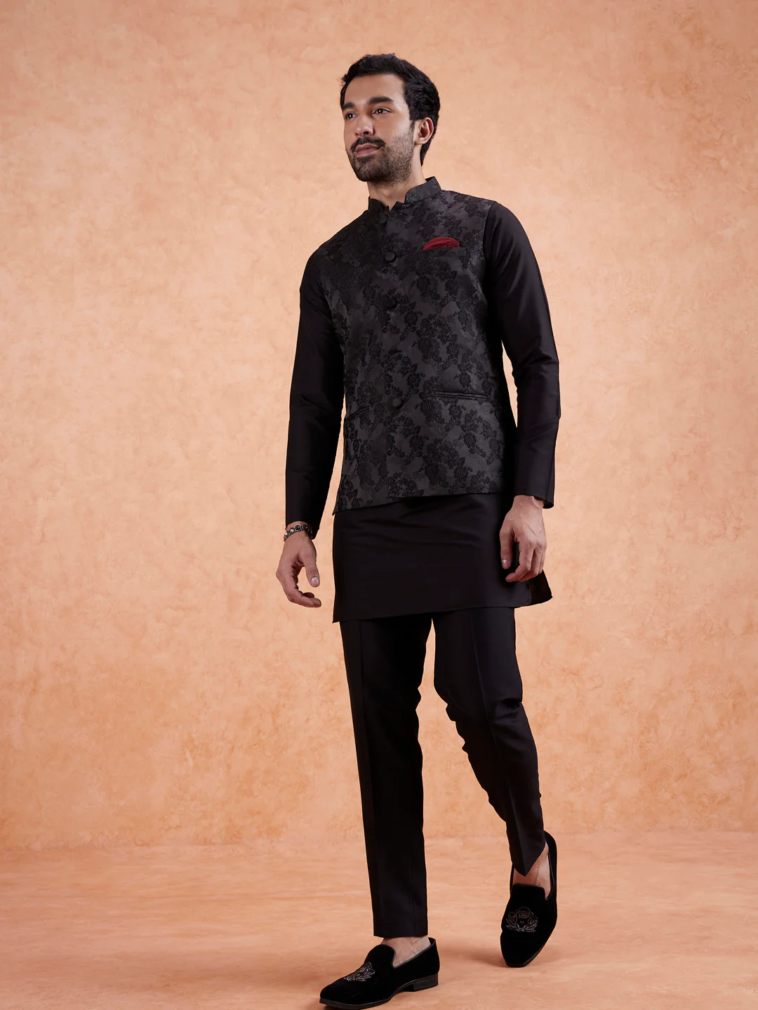 Black Jacquard Floral Nehru Jacket - Image 3