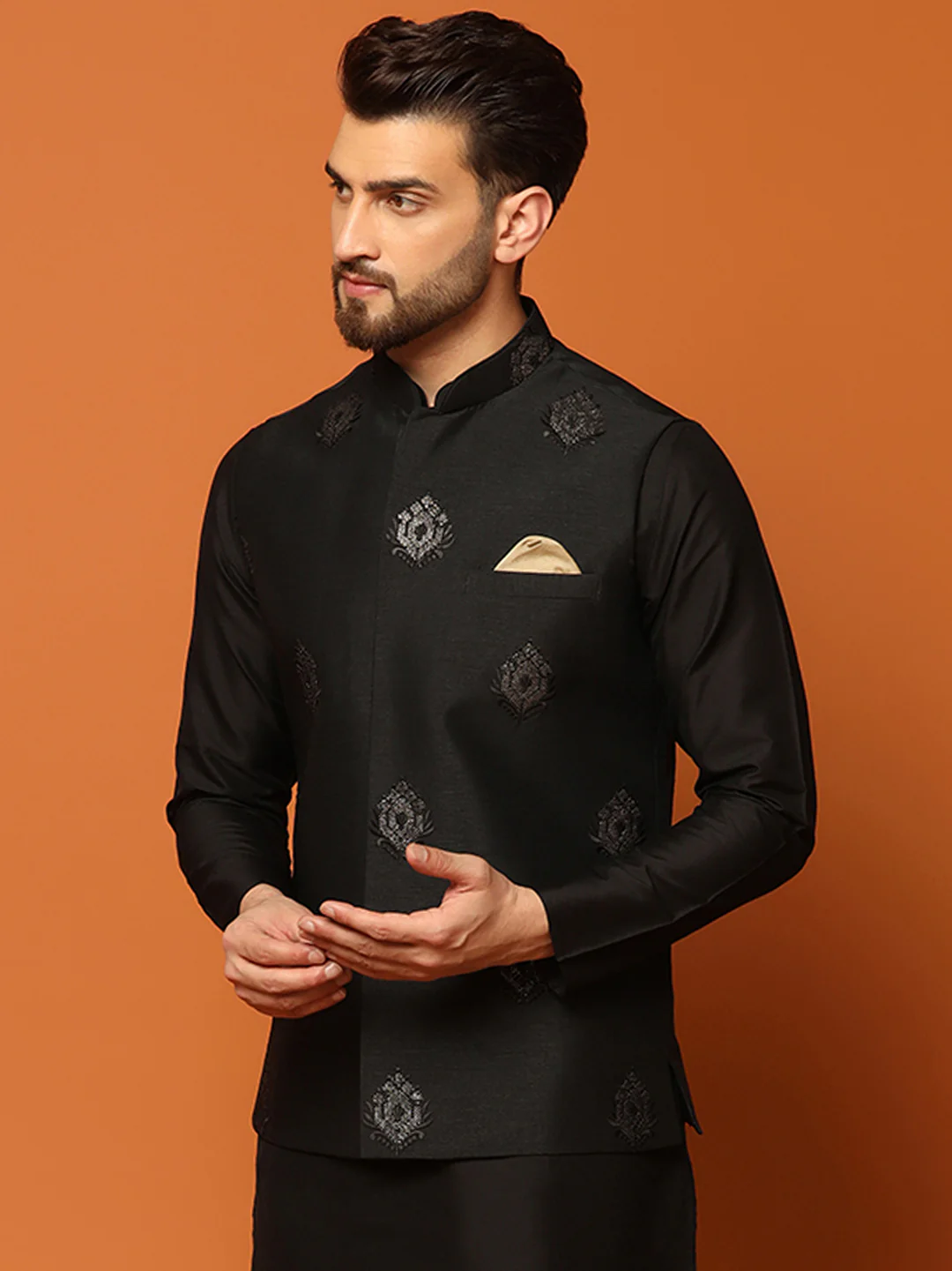 Black Silk Blend Embroidered Nehru Jacket - Image 3