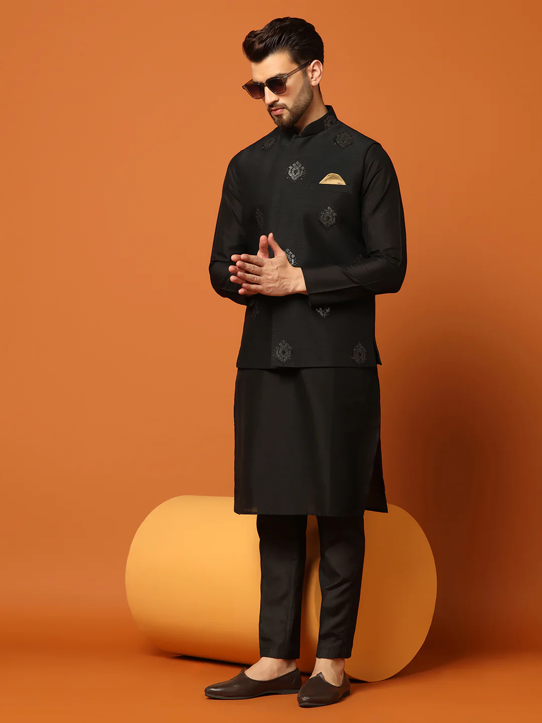 Black Silk Blend Embroidered Nehru Jacket - Image 6