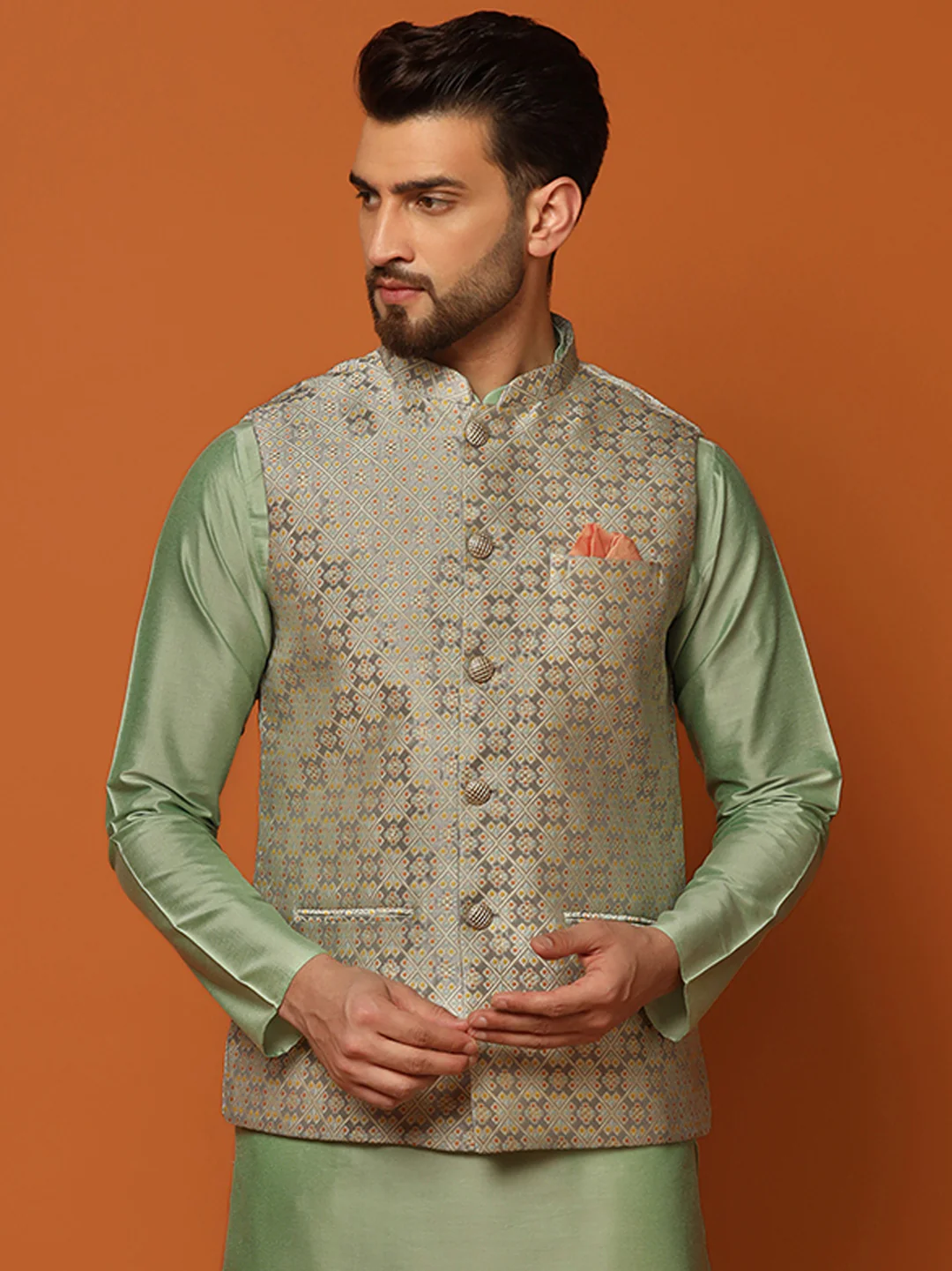 Grey Silk Blend Jacquard Nehru Jacket