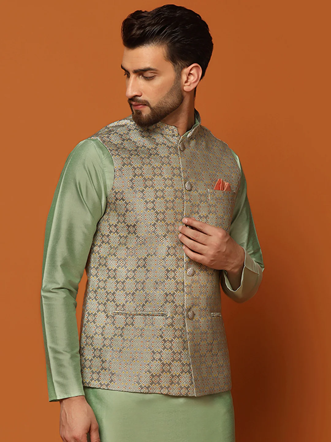 Grey Silk Blend Jacquard Nehru Jacket - Image 2