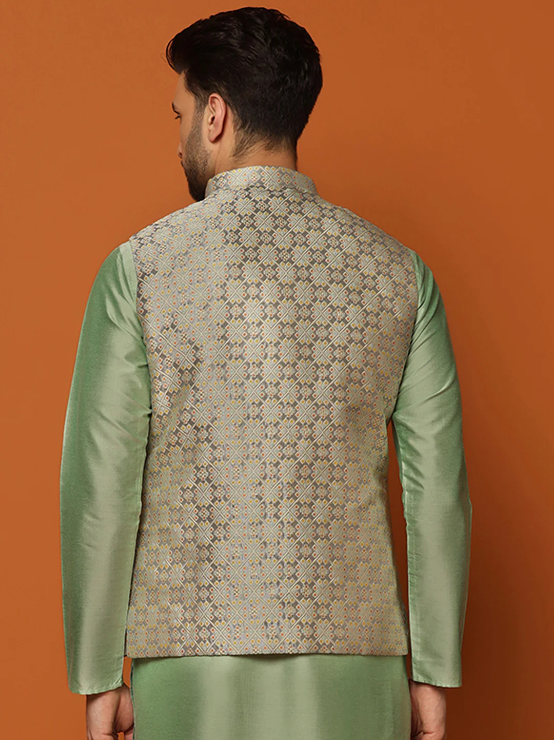 Grey Silk Blend Jacquard Nehru Jacket - Image 4
