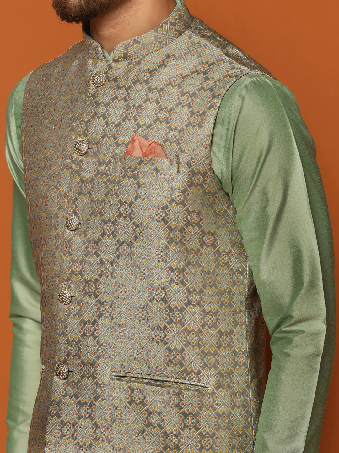 Grey Silk Blend Jacquard Nehru Jacket - Image 5
