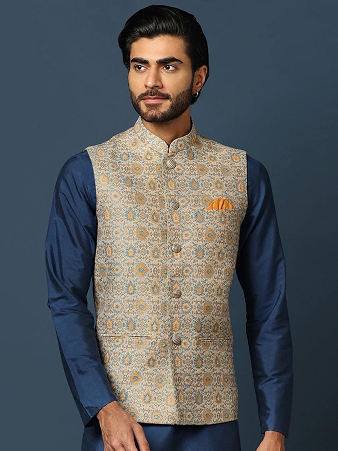Grey Silk Blend Jacquard Nehru Jacket - Image 2
