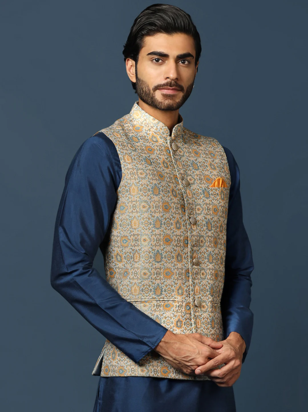 Grey Silk Blend Jacquard Nehru Jacket - Image 4