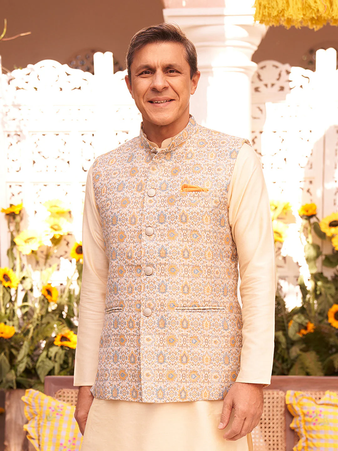 Grey Silk Blend Jacquard Nehru Jacket - Image 9