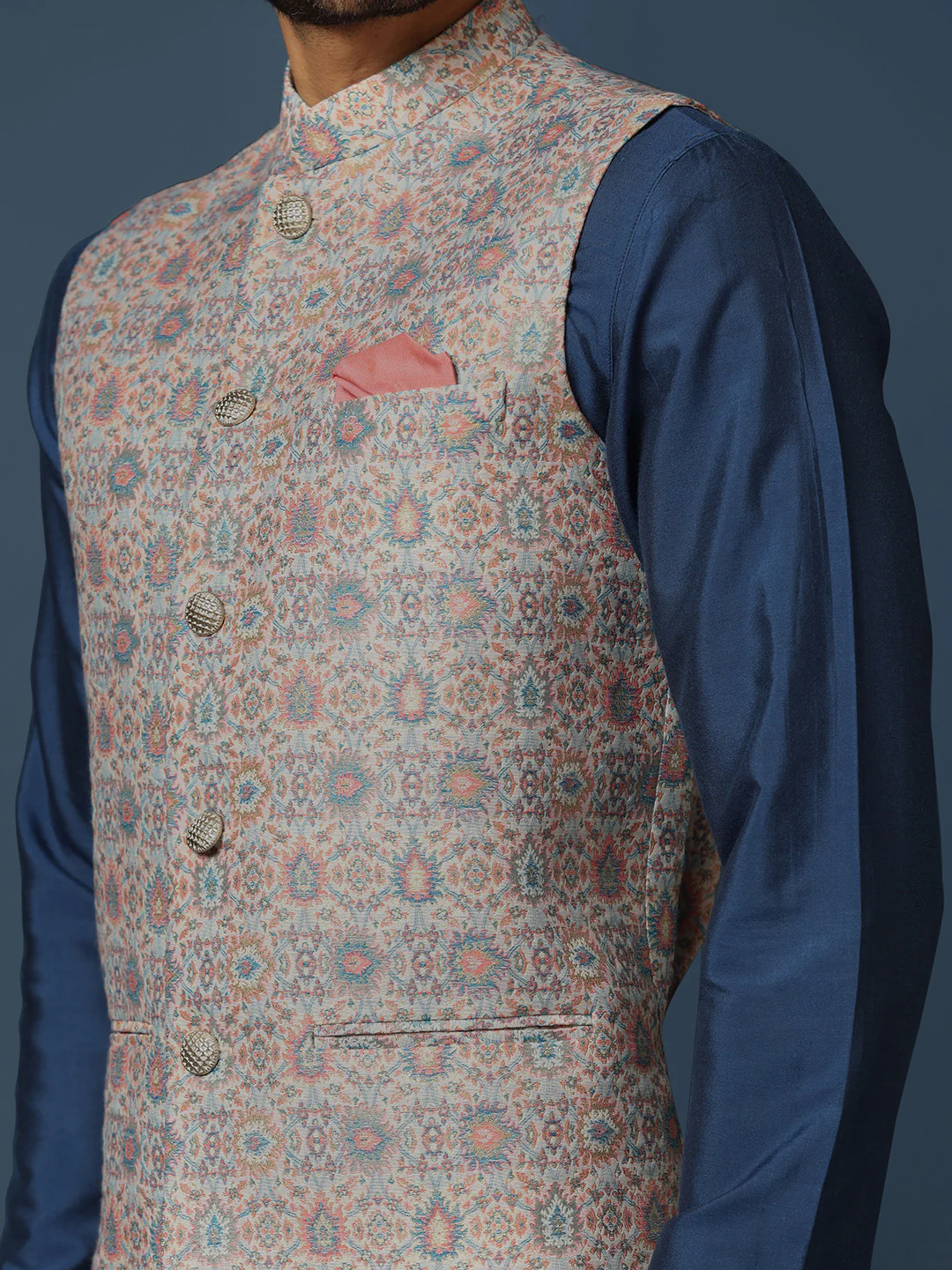 Grey Jacquard Nehru Jacket with Multicolor Weave - Image 5