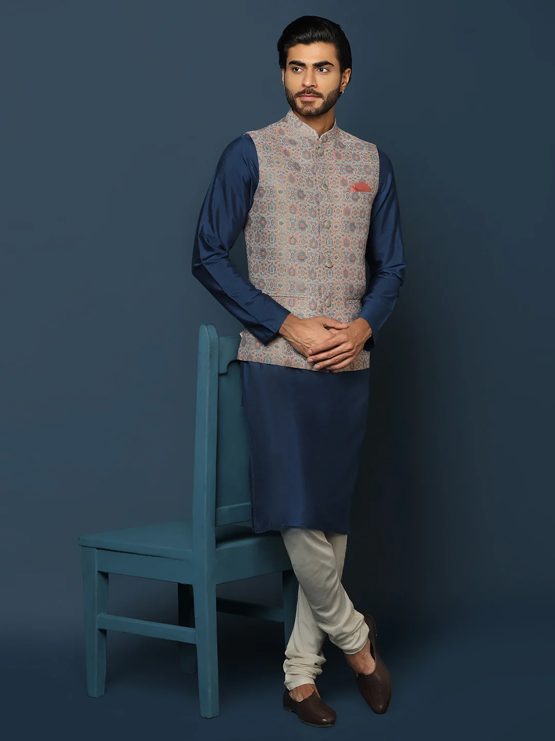 Grey Jacquard Nehru Jacket with Multicolor Weave - Image 6