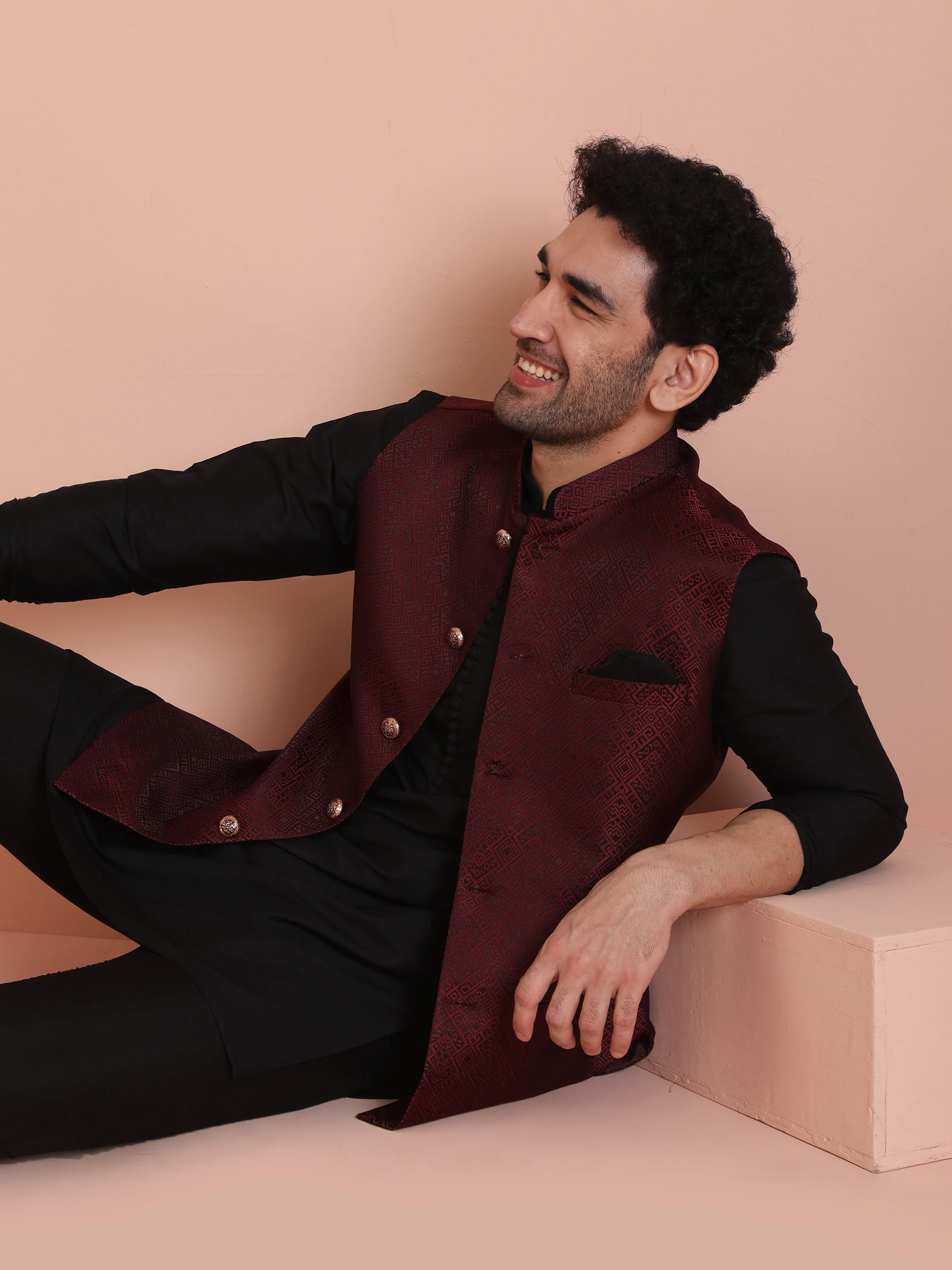 Men Maroon Textured Nehru Jacket