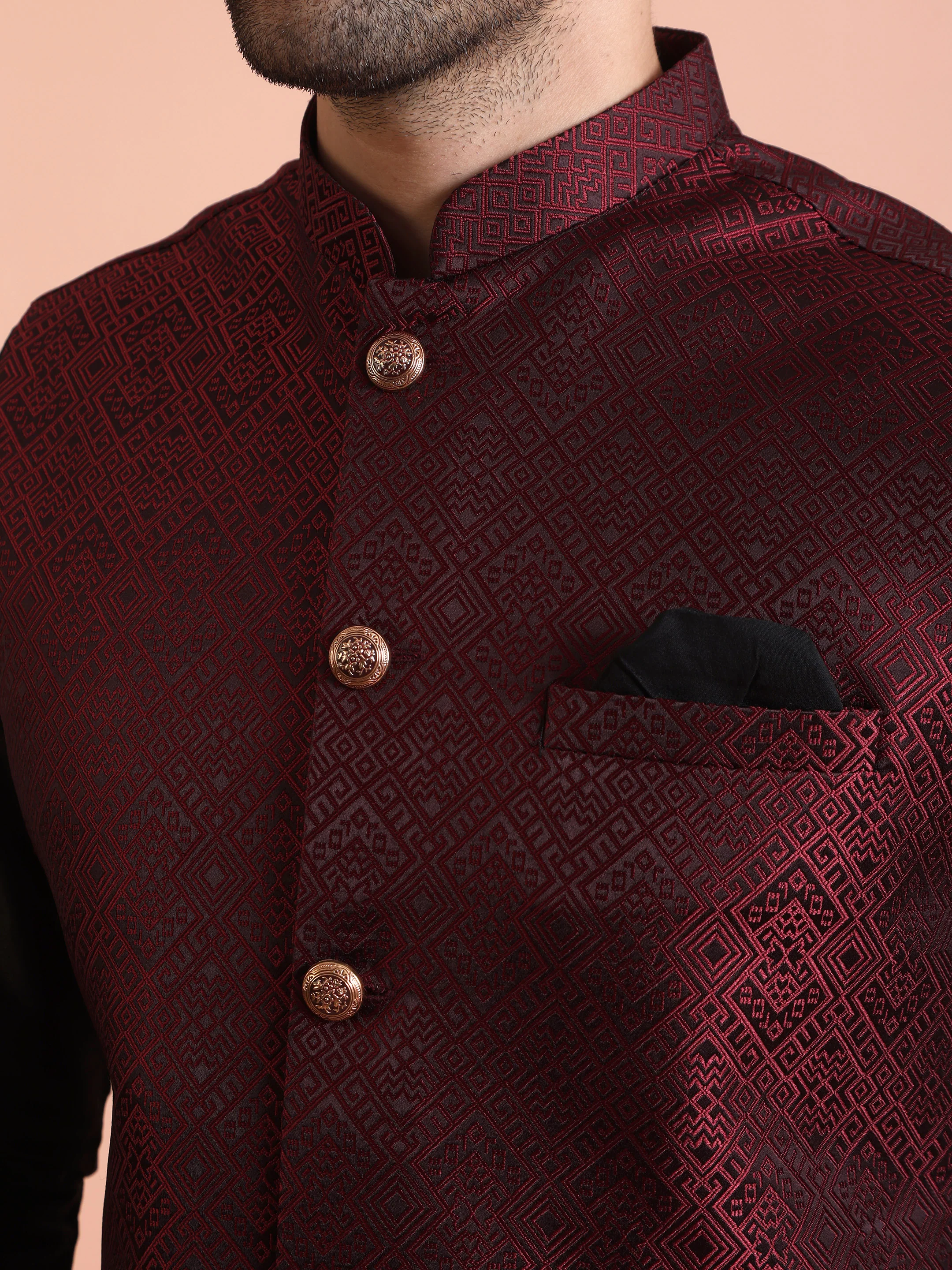 Men Maroon Textured Nehru Jacket - Image 2