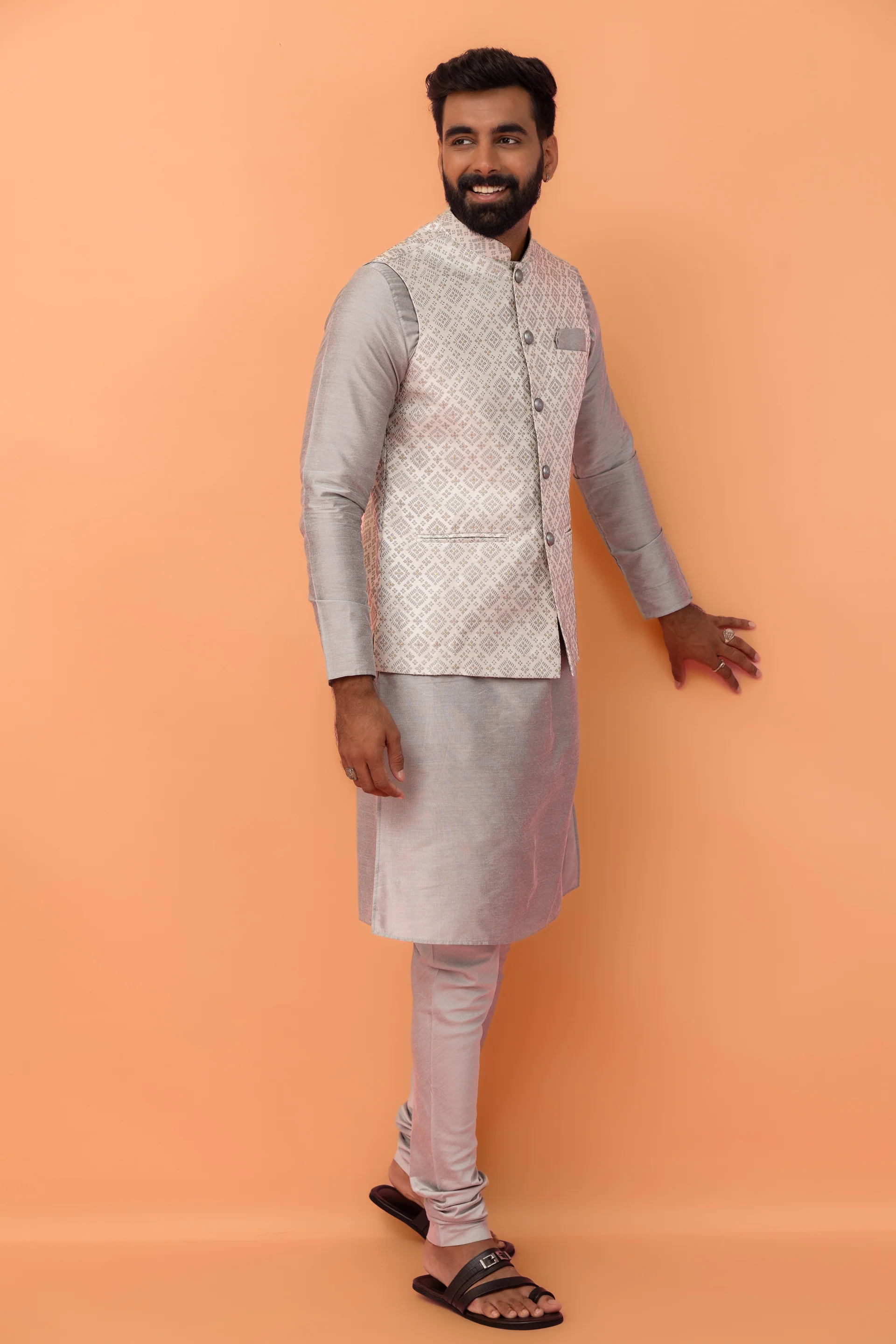 Grey Textured Nehru Jacket - Image 3