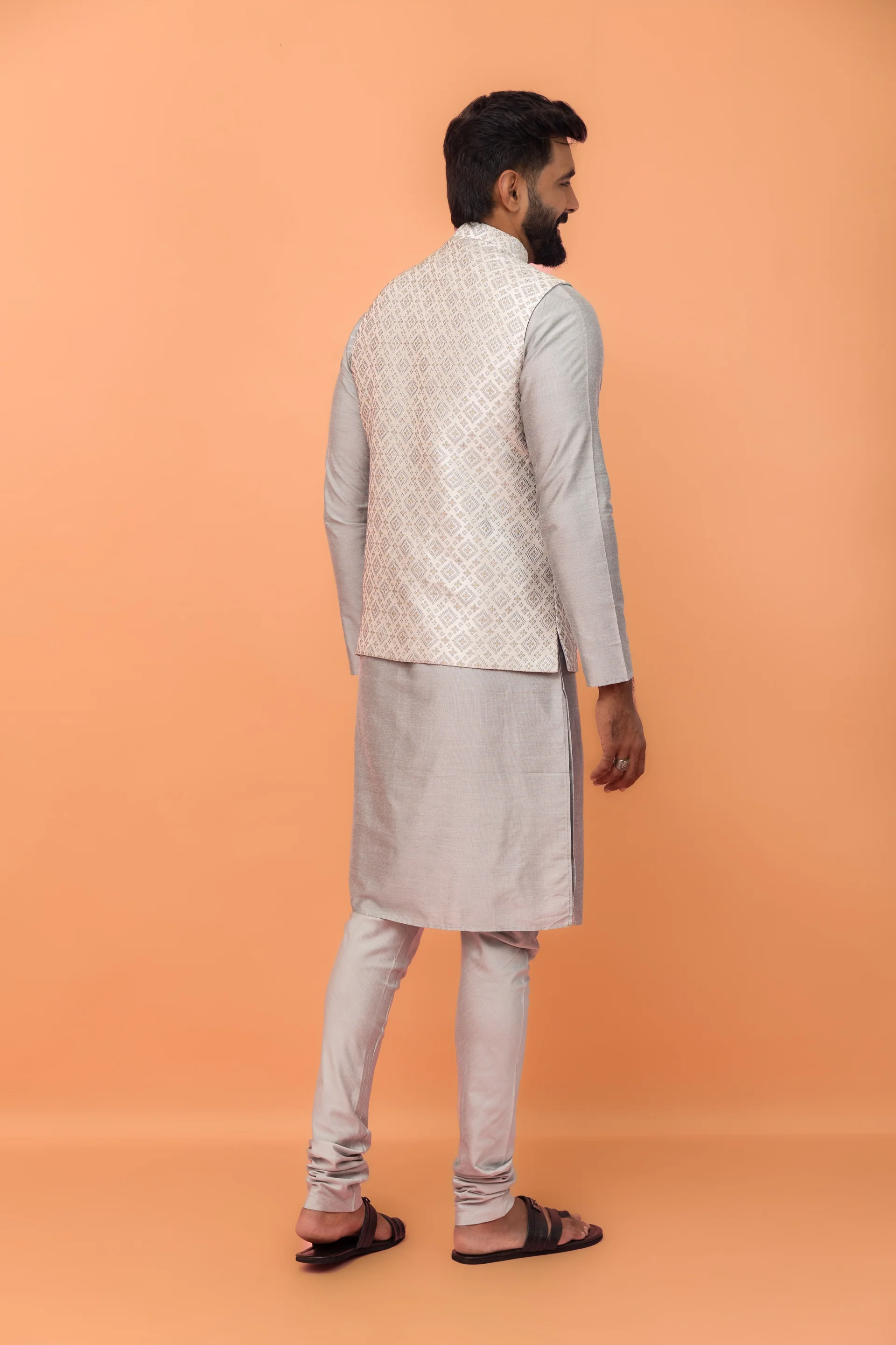 Grey Textured Nehru Jacket - Image 4