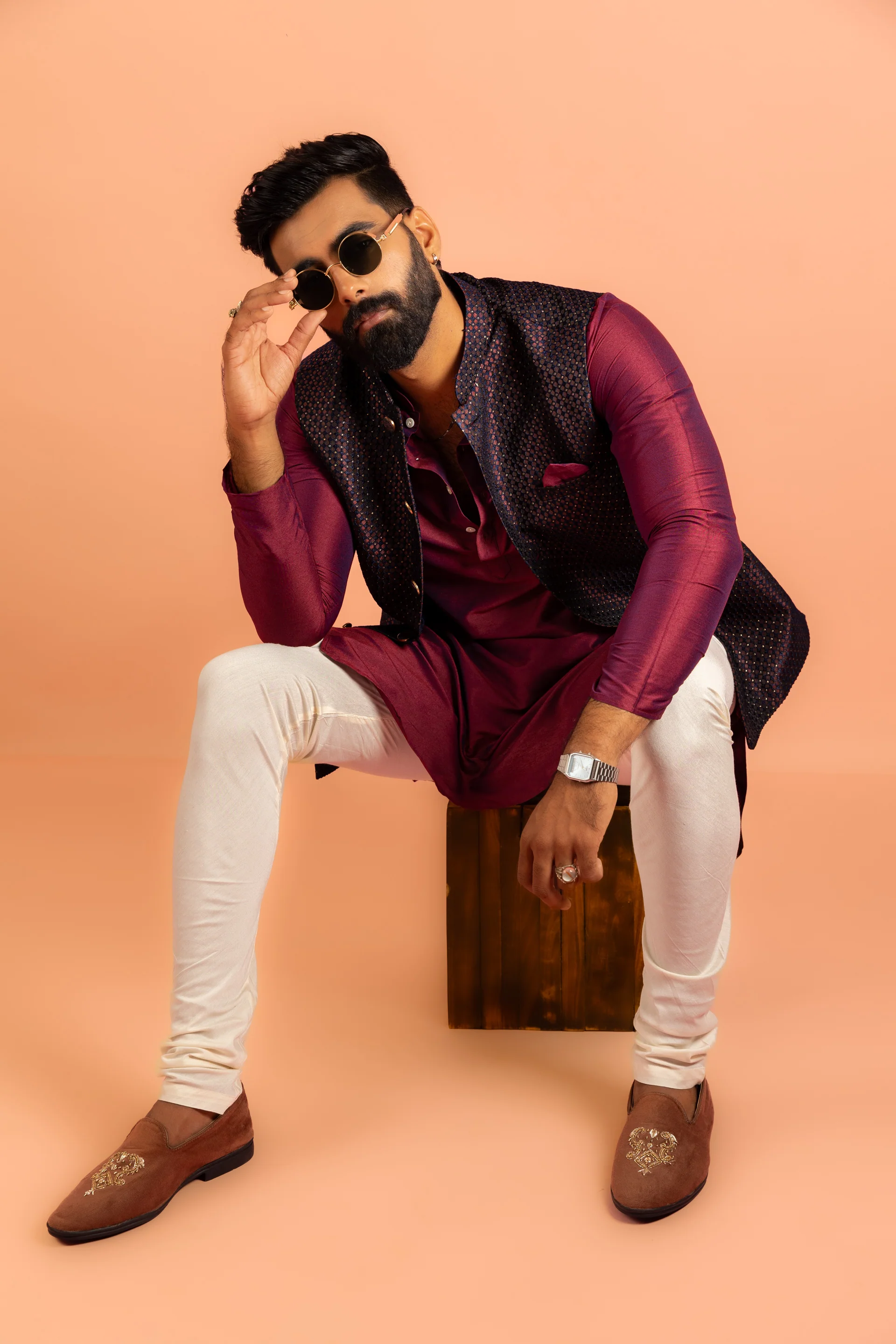 Wine Silk Blend Woven Nehru Jacket Bundi - Image 2