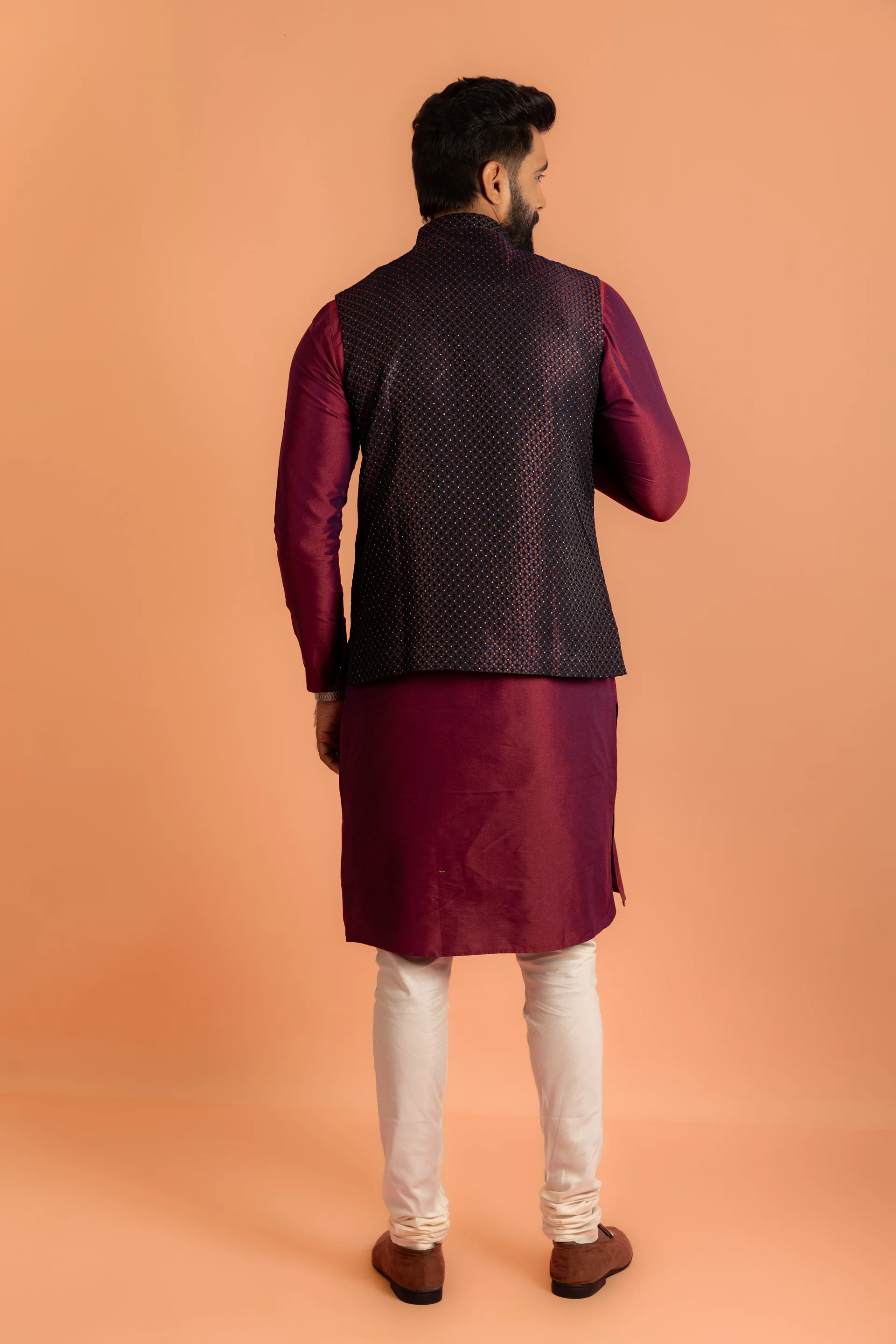 Wine Silk Blend Woven Nehru Jacket Bundi - Image 6