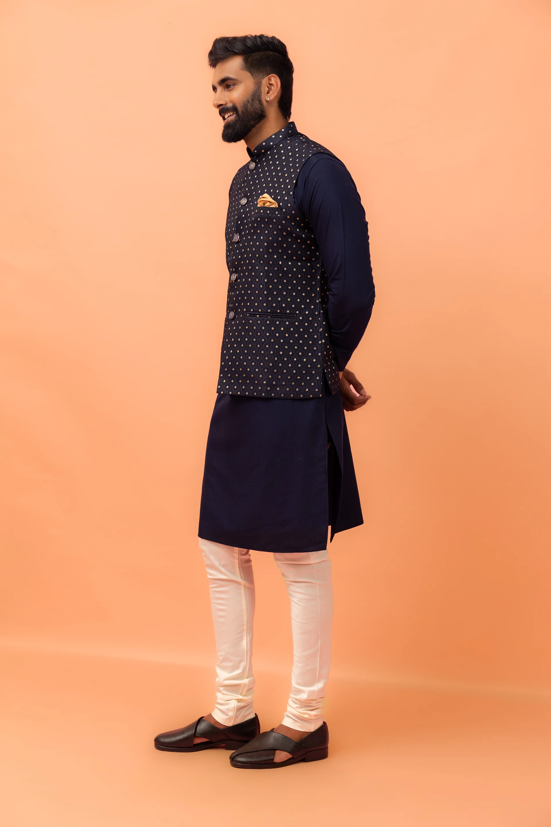 Navy Blue Textured Jacquard Nehru Jacket with Embellished Buttons and Gold Pocket Square - Image 2