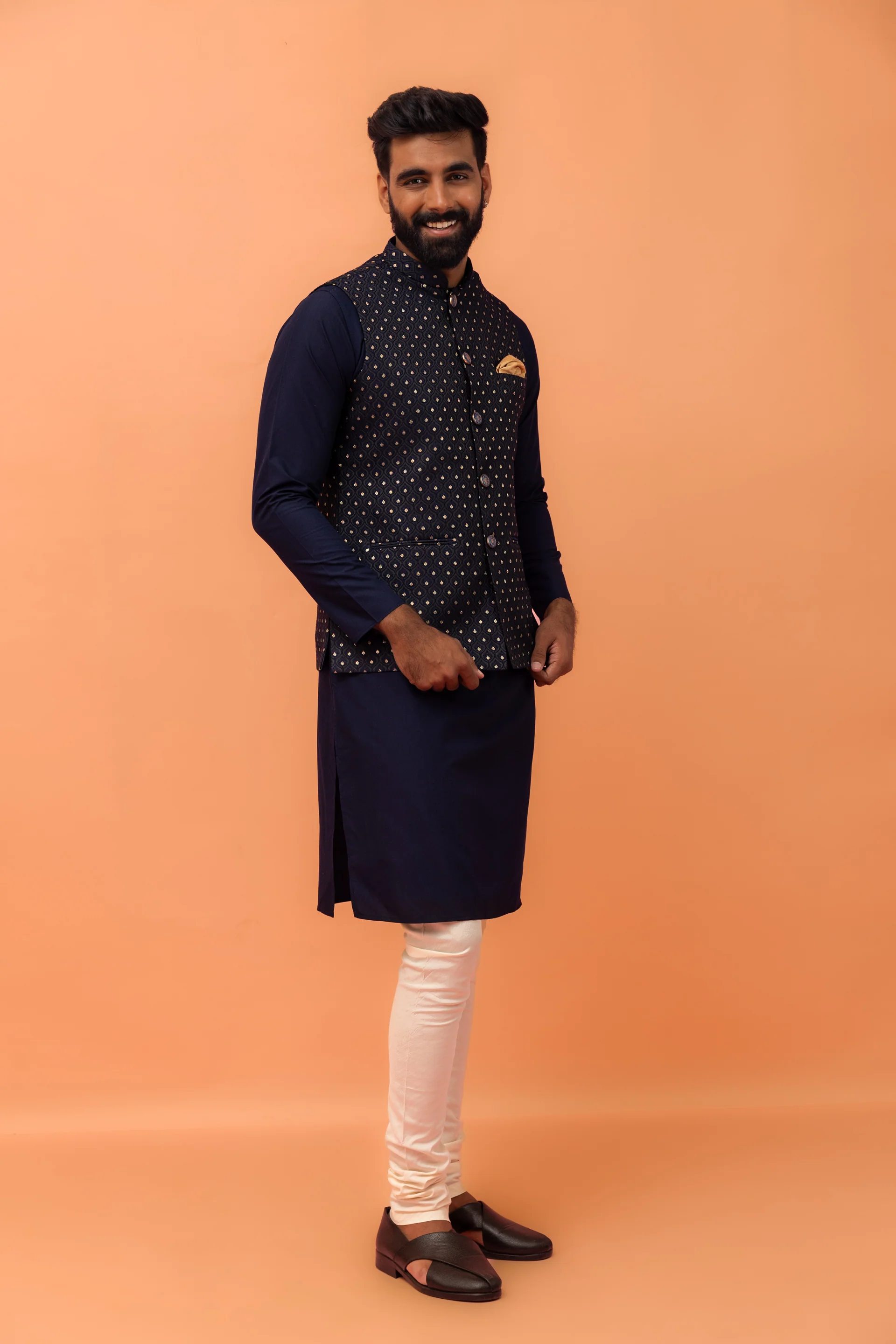 Navy Blue Textured Jacquard Nehru Jacket with Embellished Buttons and Gold Pocket Square - Image 3