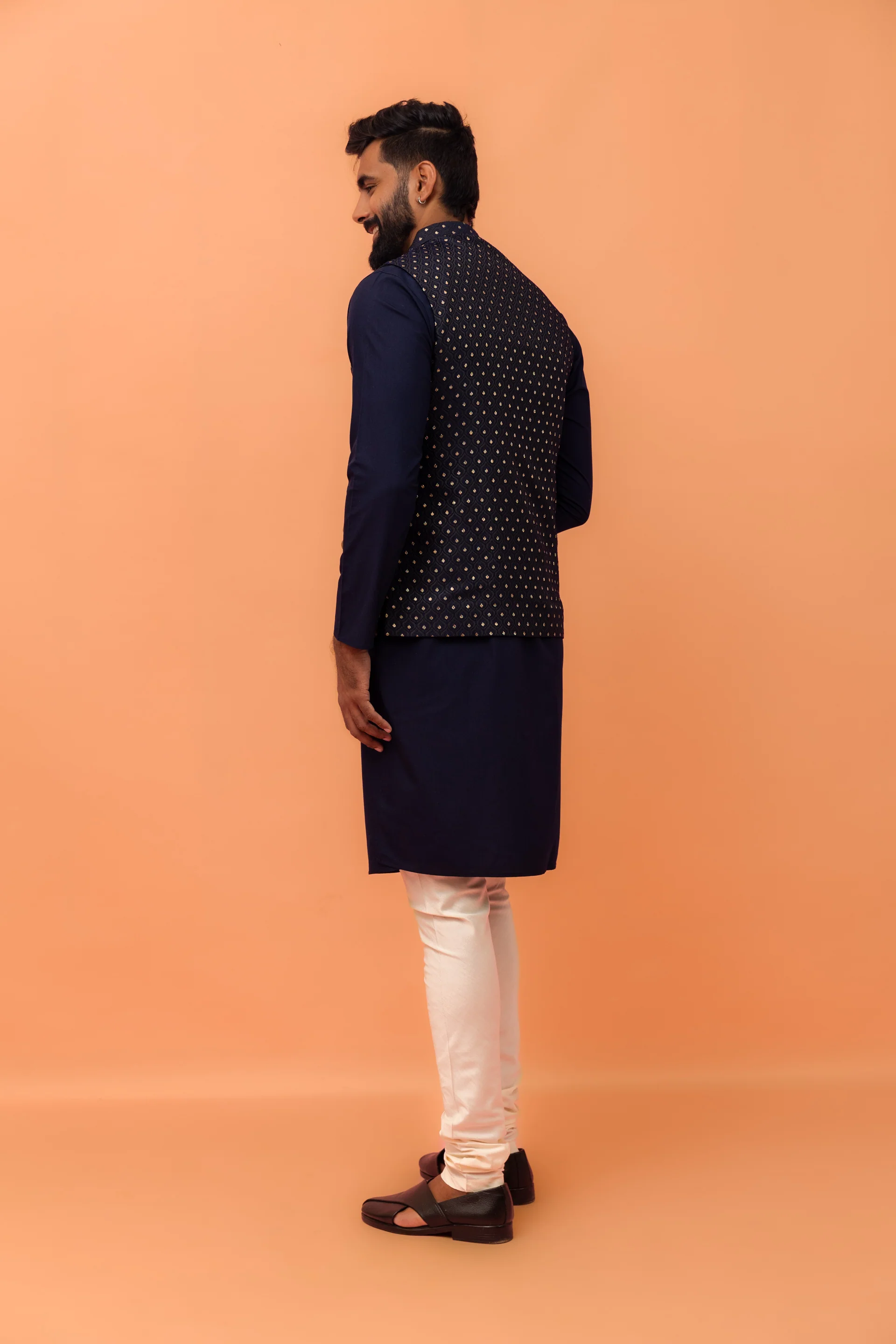 Navy Blue Textured Jacquard Nehru Jacket with Embellished Buttons and Gold Pocket Square - Image 4