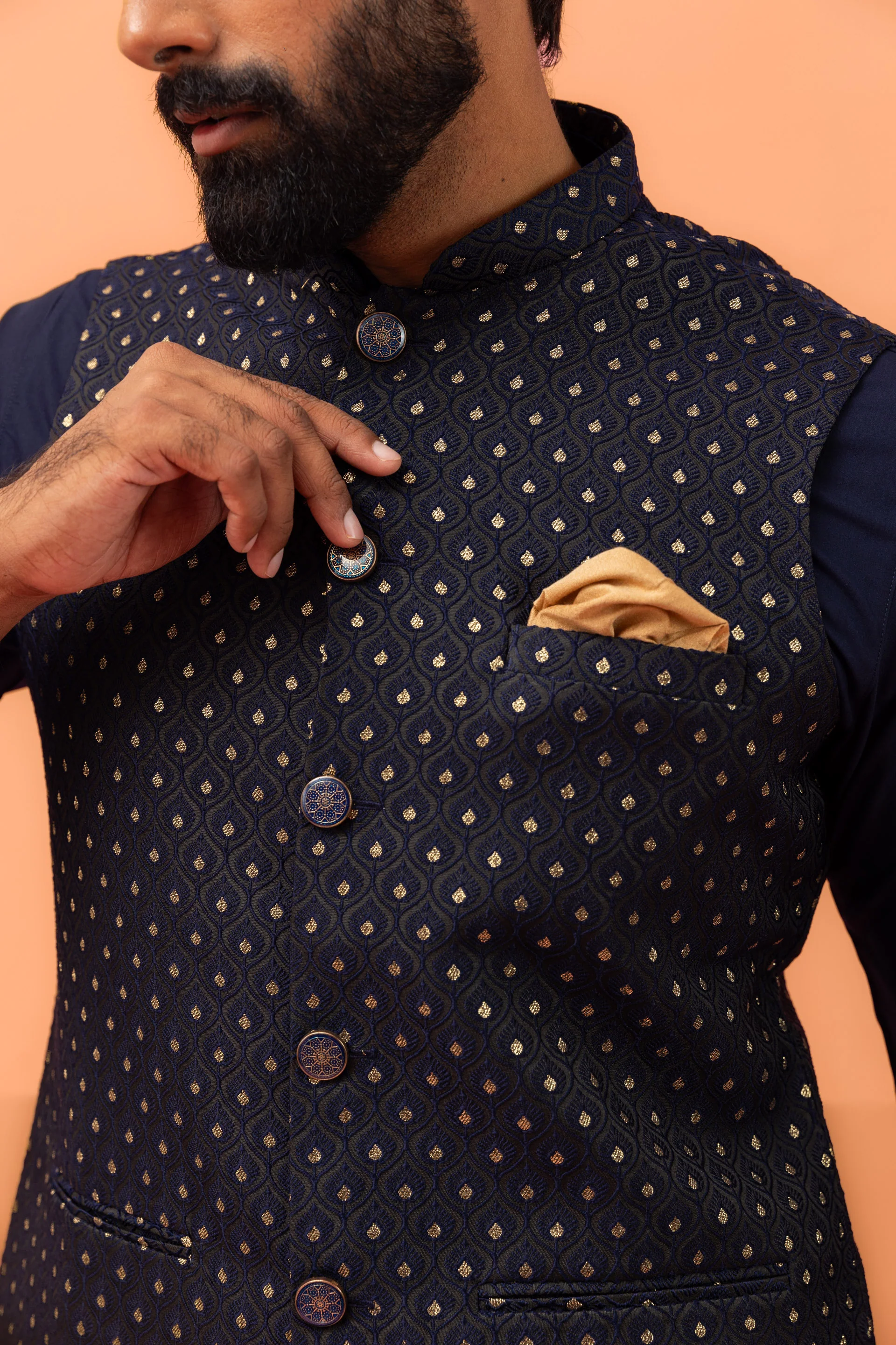 Navy Blue Textured Jacquard Nehru Jacket with Embellished Buttons and Gold Pocket Square - Image 5
