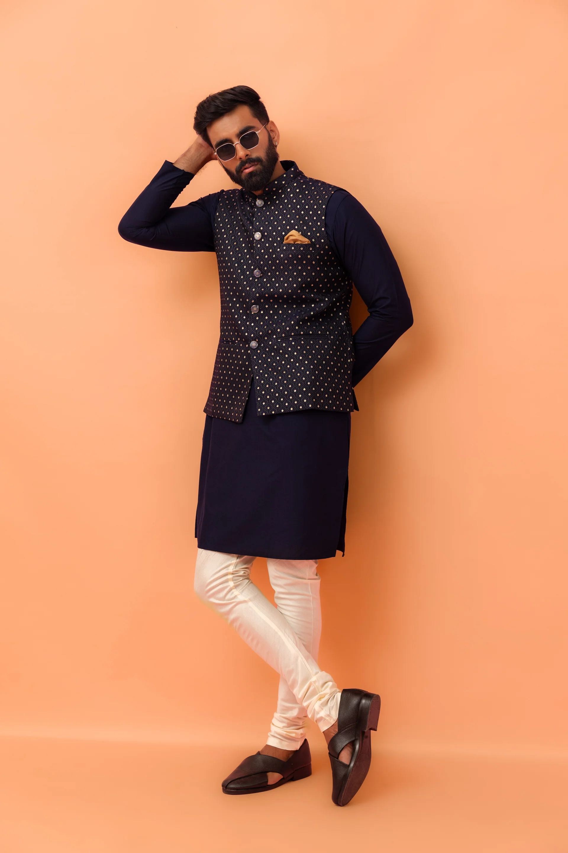 Navy Blue Textured Jacquard Nehru Jacket with Embellished Buttons and Gold Pocket Square - Image 6
