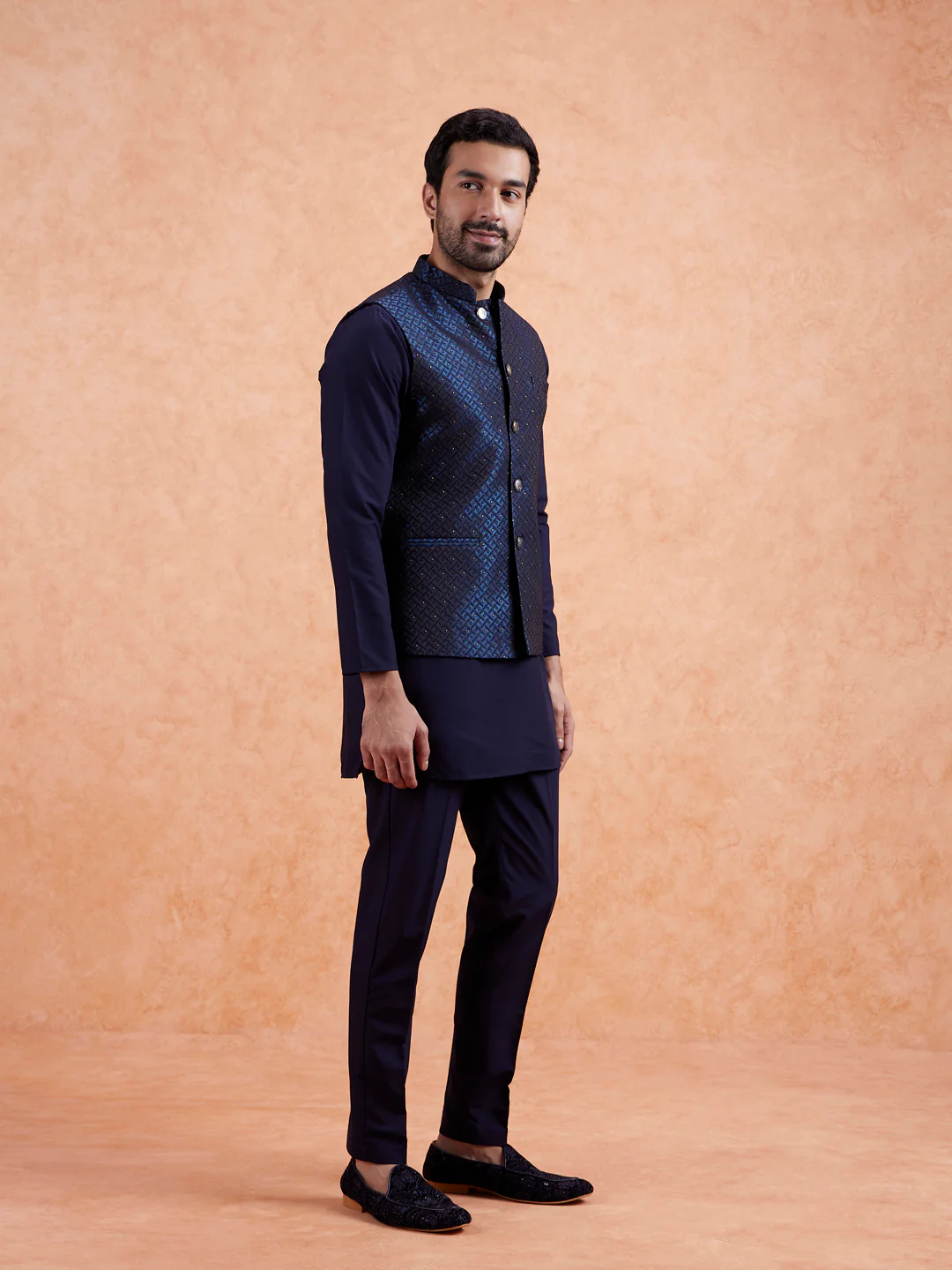 Navy Jacquard Textured Nehru Jacket - Image 3