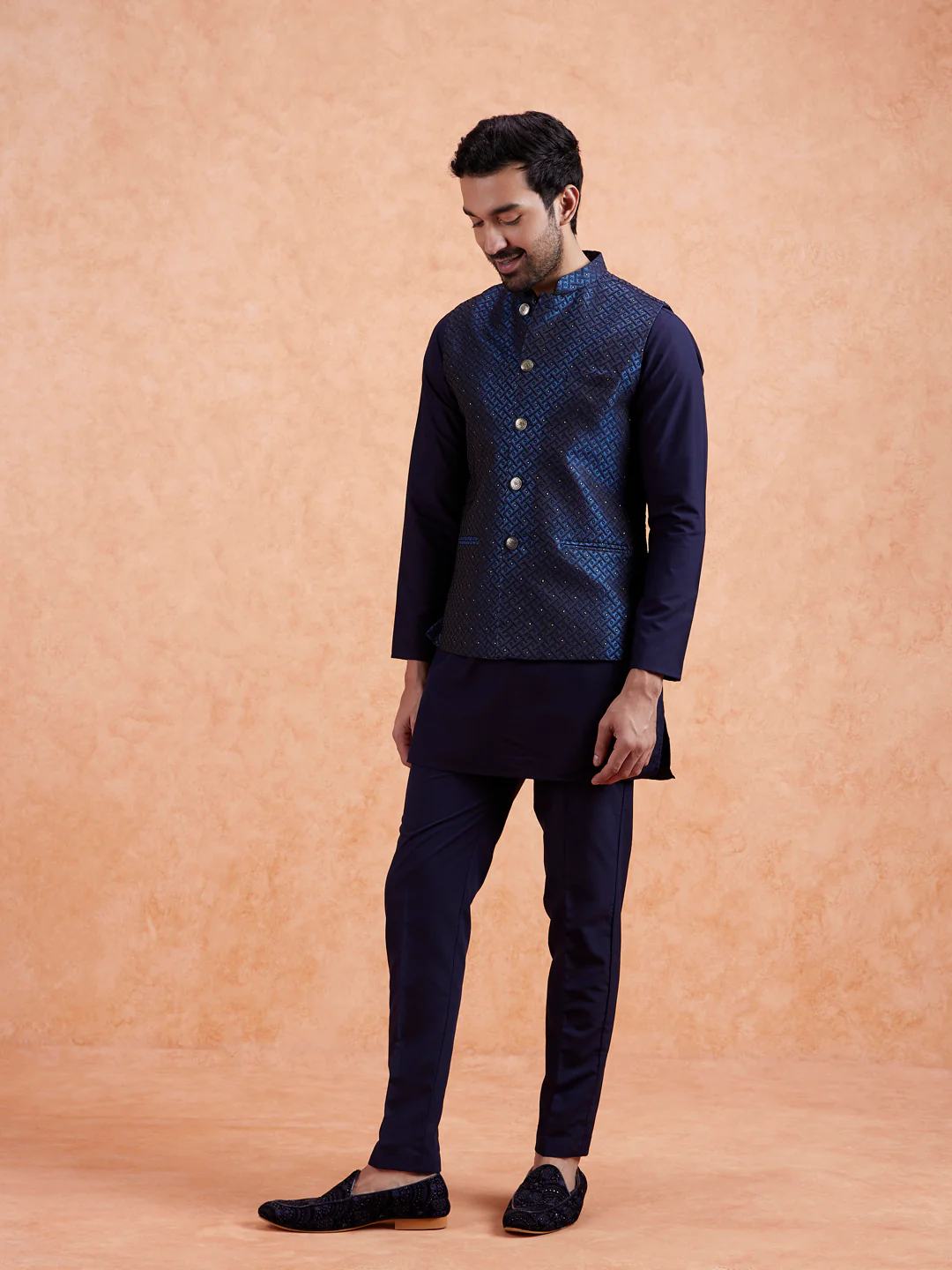 Navy Jacquard Textured Nehru Jacket - Image 4