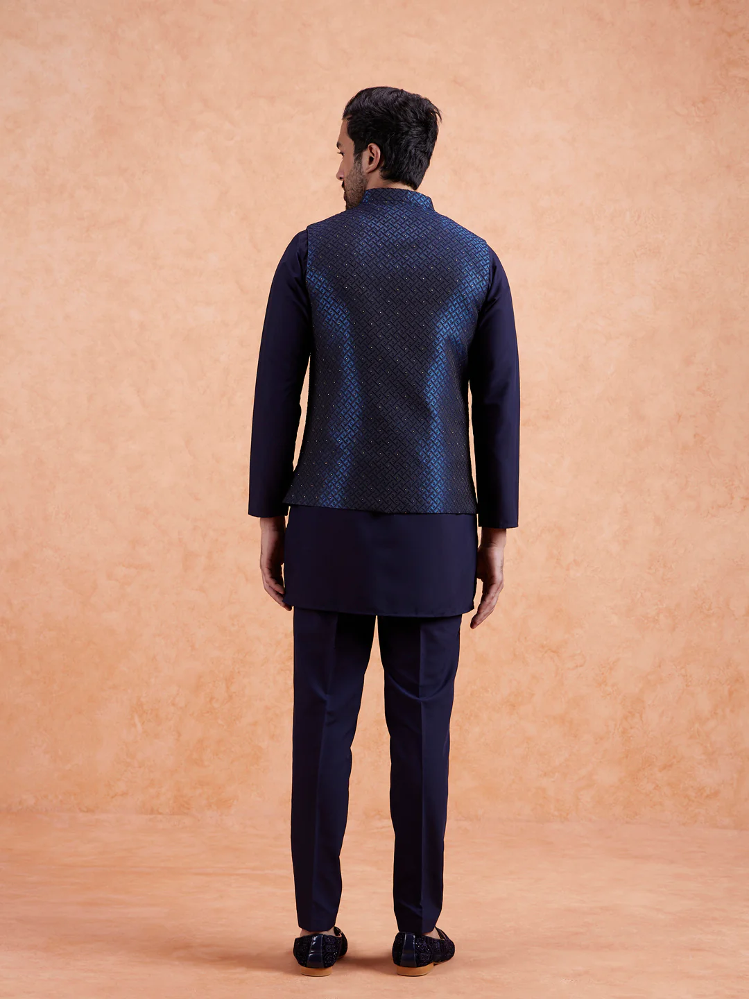 Navy Jacquard Textured Nehru Jacket - Image 5