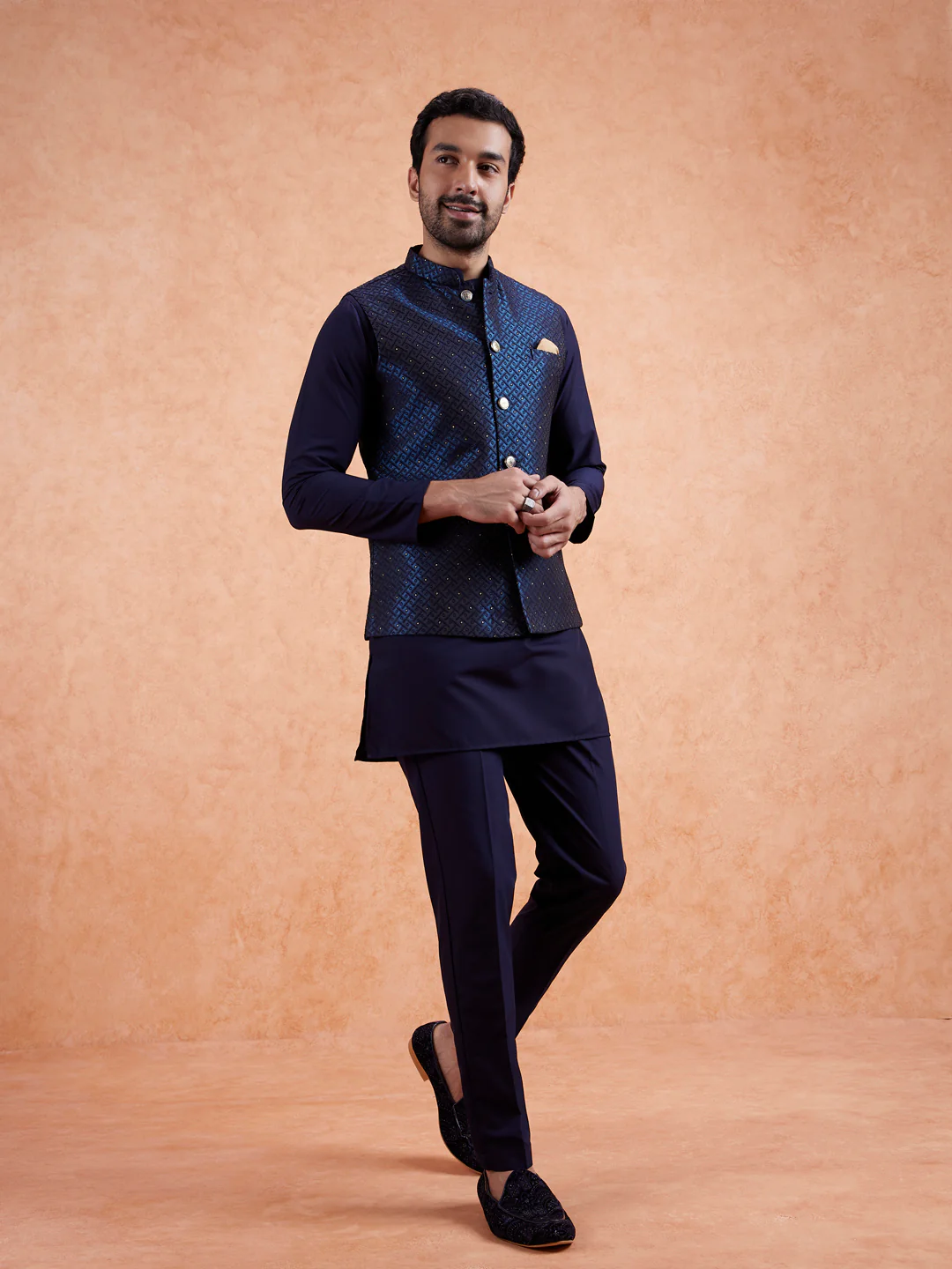 Navy Jacquard Textured Nehru Jacket - Image 6