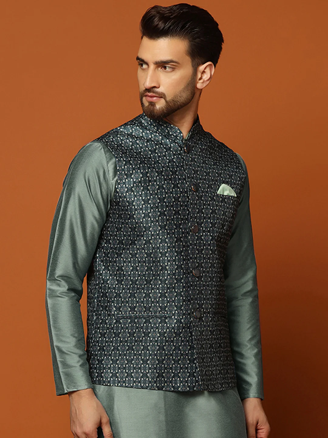 Men Teal Woven Design Nehru Jacket - Image 2