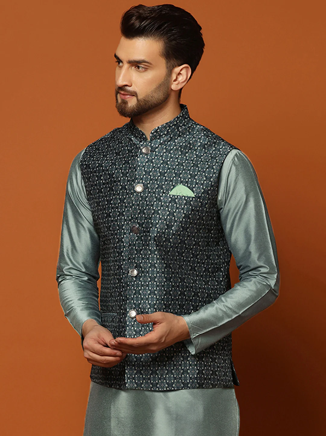 Men Teal Woven Design Nehru Jacket - Image 3