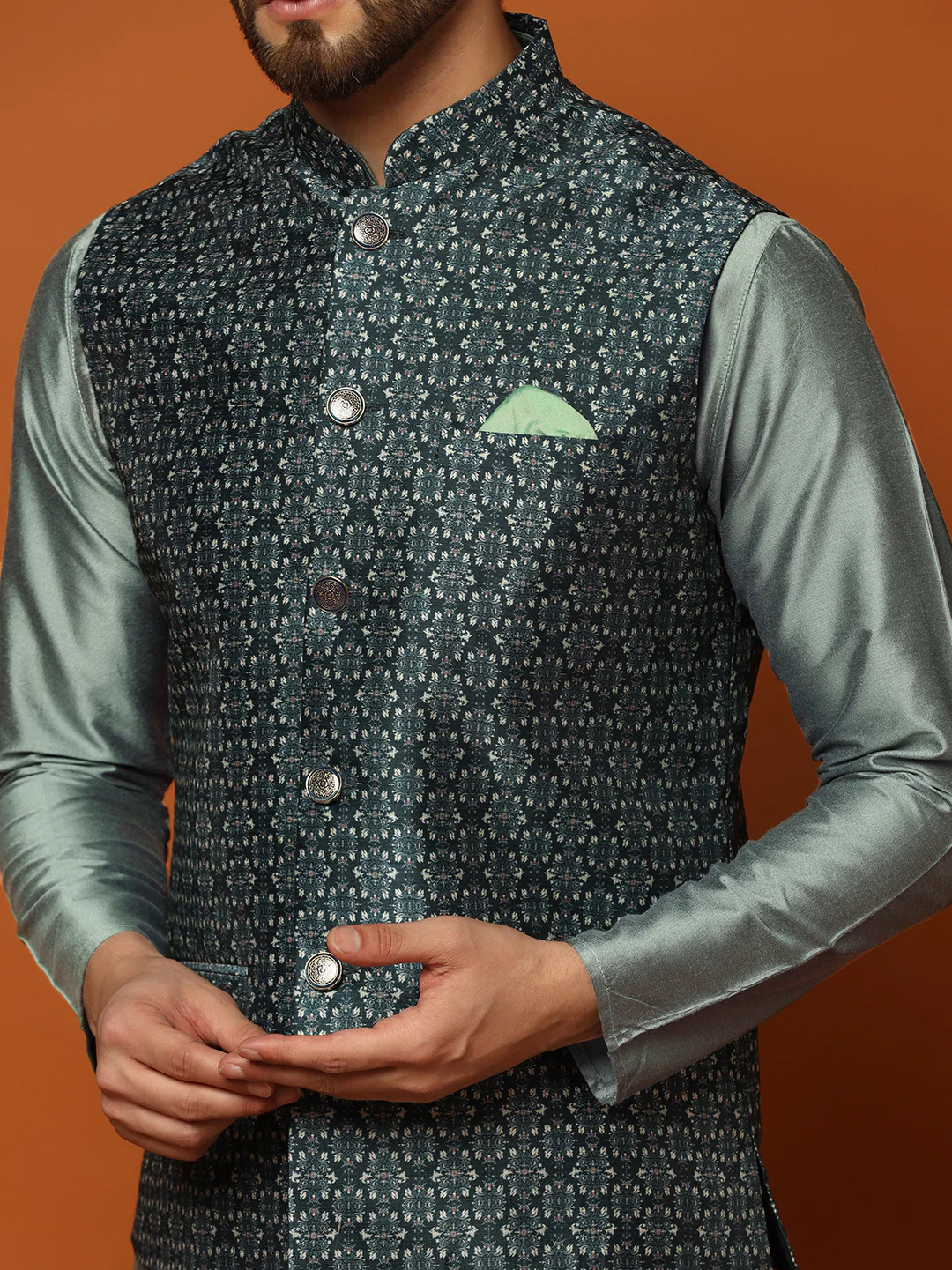 Men Teal Woven Design Nehru Jacket - Image 5