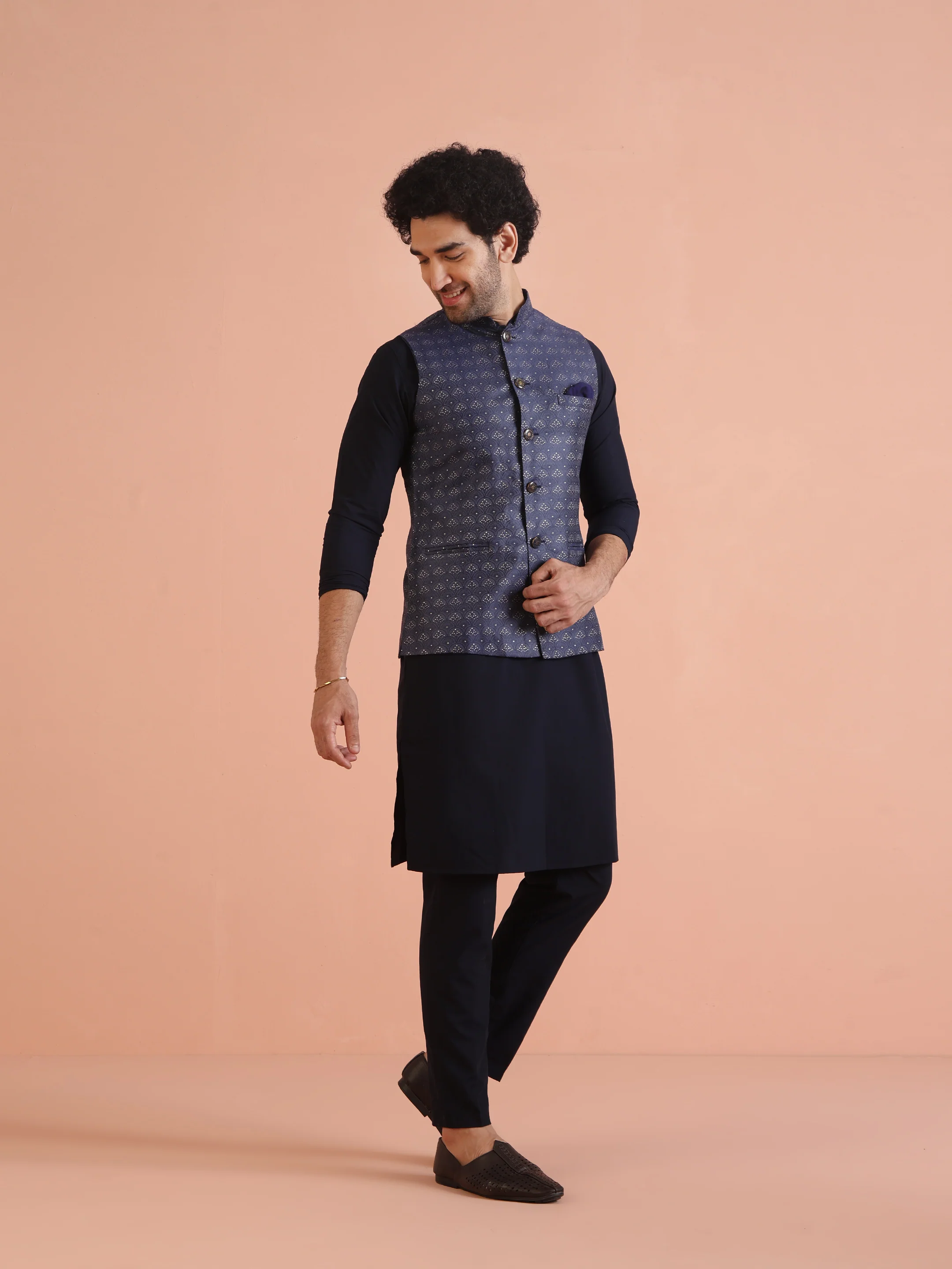 Navy Blue Silk Blend Jacquard Nehru Jacket - Image 2