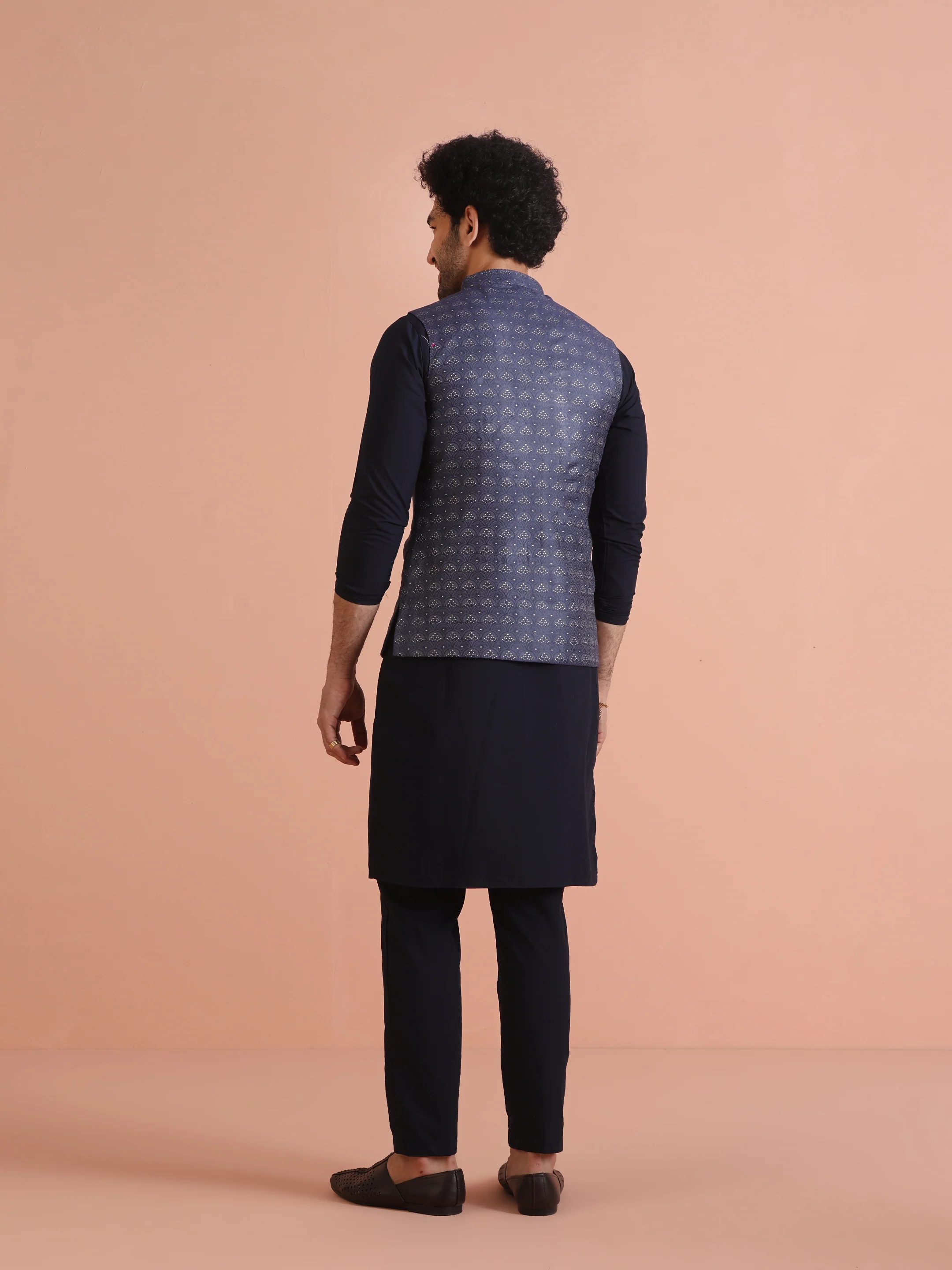Navy Blue Silk Blend Jacquard Nehru Jacket - Image 3